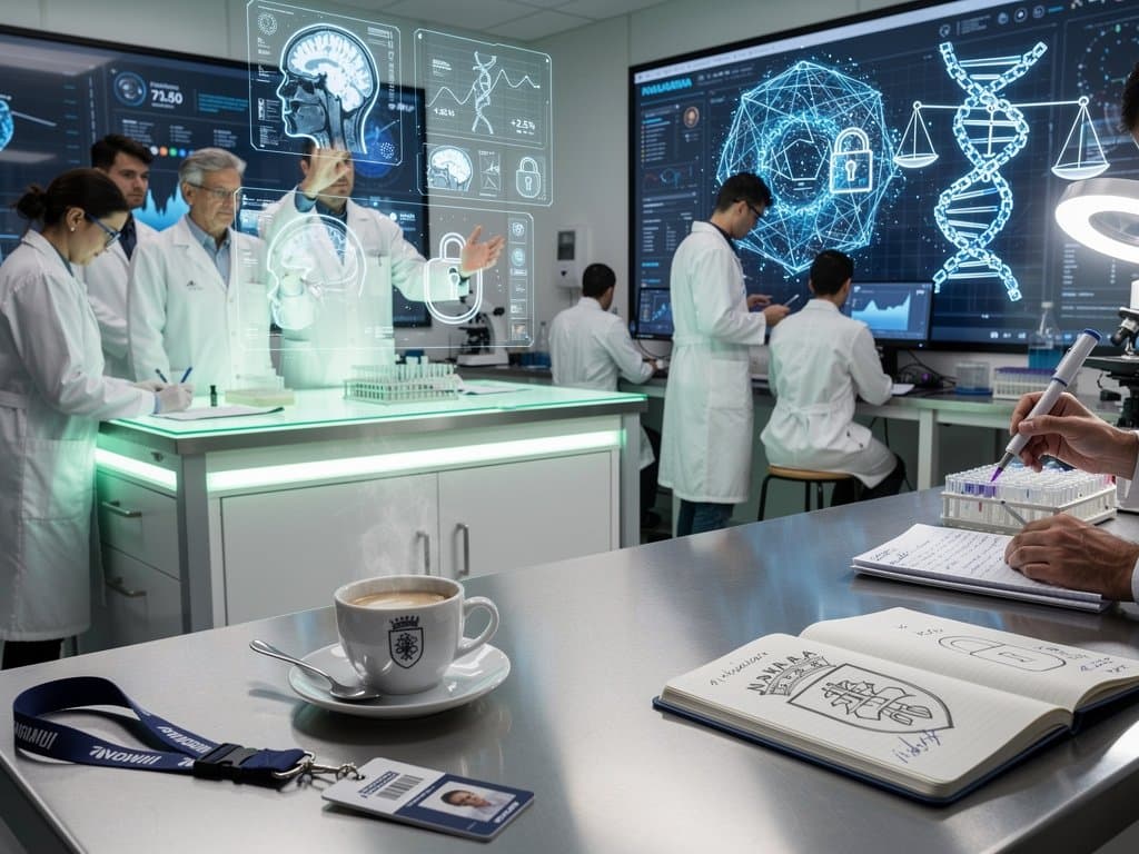 Laboratorio biomédico navarro con IA ética: scans MRI holográficos, turbinas eólicas y gráficos cripto en fondo high-tech
