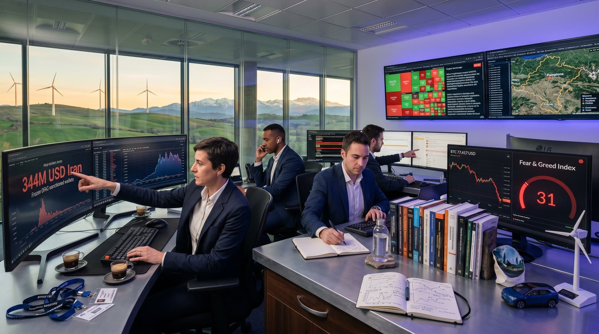 Sala tech Pamplona: monitores blockchain, gráficos BTC y Fear & Greed con vistas eólicas Navarra