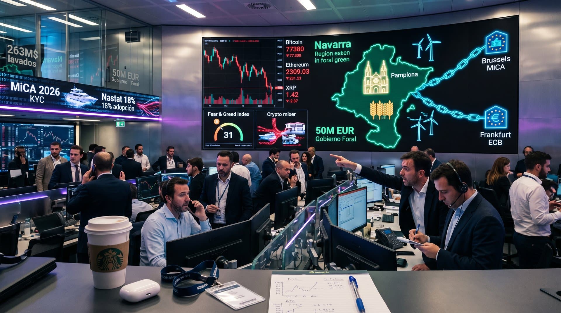 Pantallas trading con gráficos cripto rojos, Fear & Greed 31 y mapa Navarra blockchain
