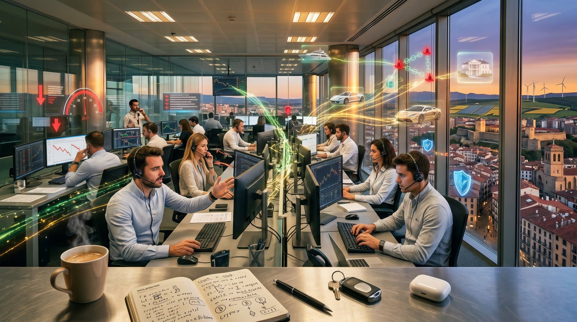 Blockchain sobre renovables navarras con gráficos crypto en rojo y Fear Index