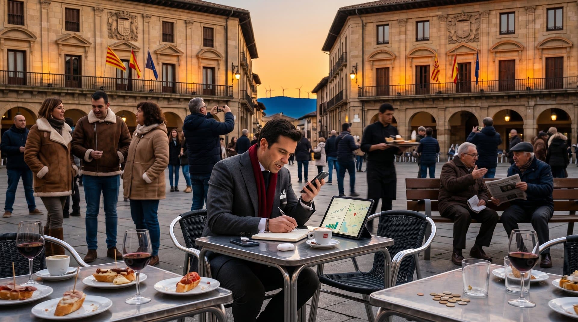 Vista de Pamplona con empresario revisando cripto, turbinas eólicas y gráficos MiCA en contexto regulatorio