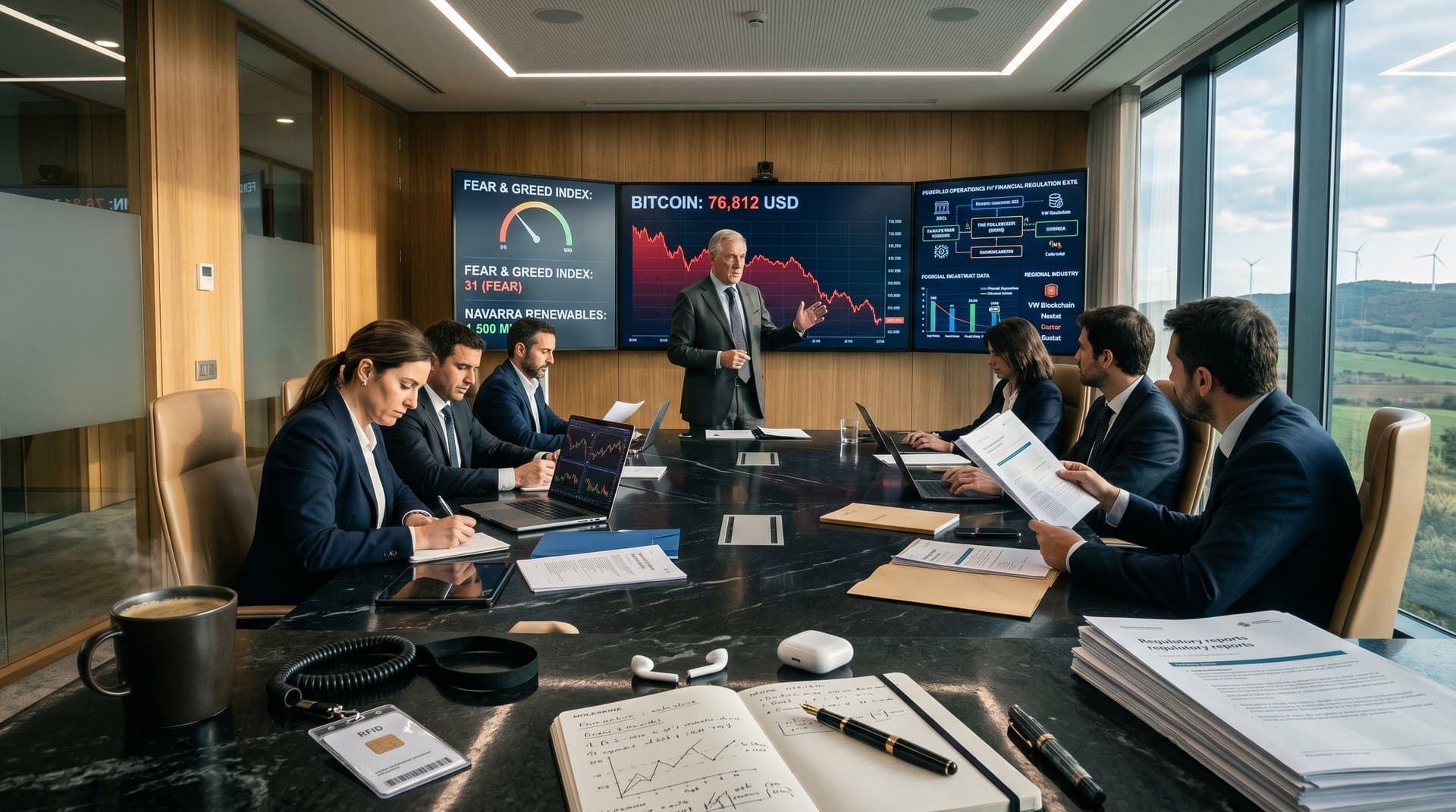 Gráficos Bitcoin y MiCA en pantallas con mapas Navarra y documentos reguladores en mesa moderna