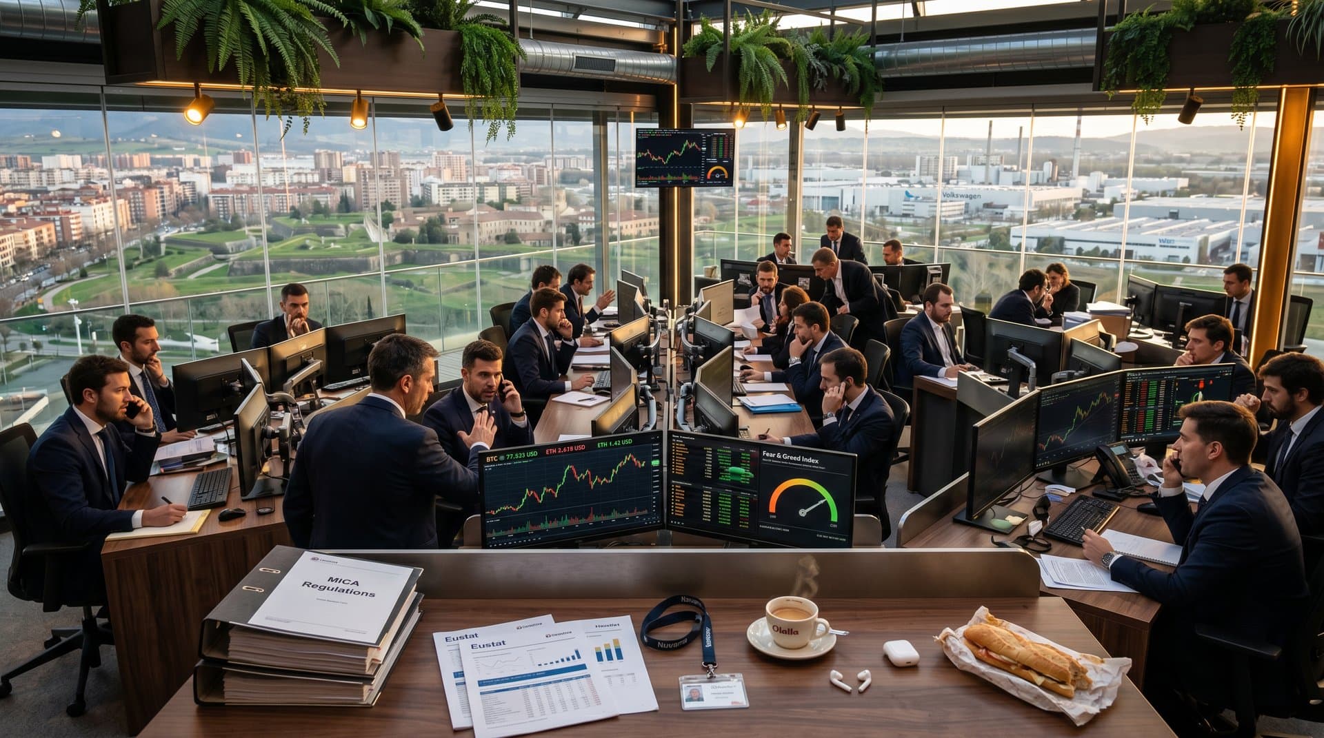 Centro financiero Pamplona con gráficos crypto BTC 77k, Fear & Greed 31 y alertas fraude Licking County