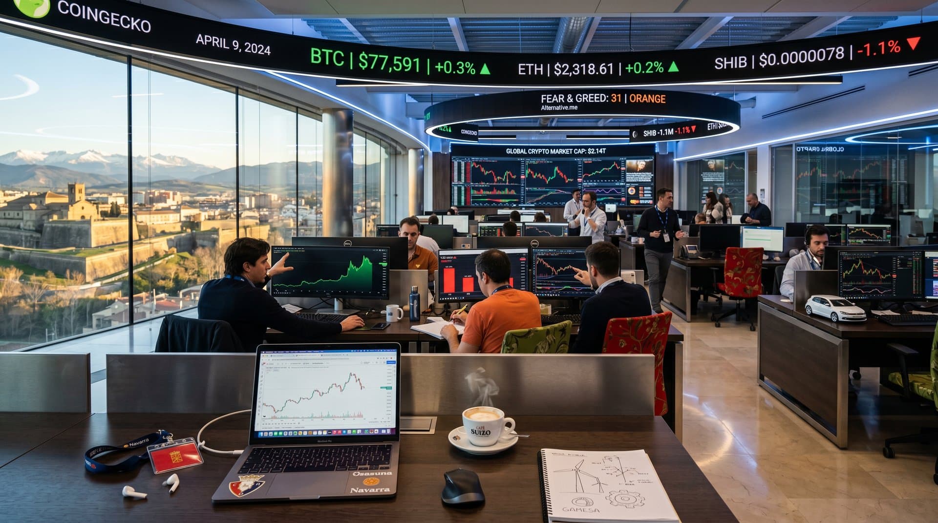 Sala trading Pamplona con gráficos BTC, ETH y Fear & Greed 31, vistas Pirineos y Ciudadela
