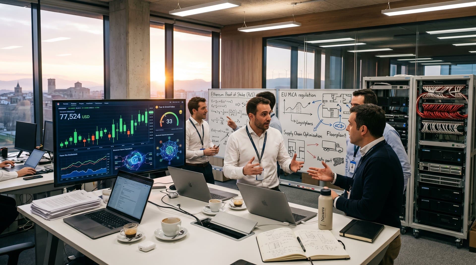 Gráficos de criptomonedas y blockchain en hub tech del Parque Científico de Pamplona con skyline navarro