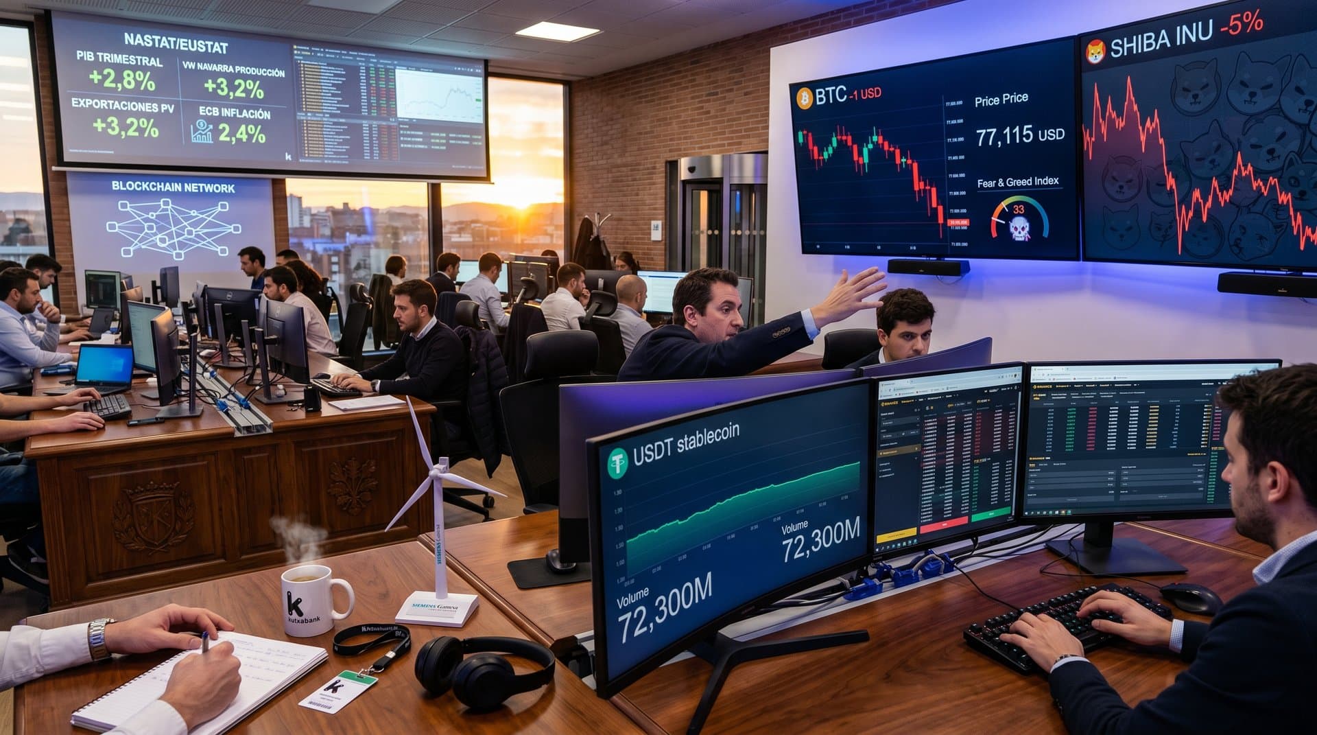 Sala trading Pamplona con pantallas USDT, BTC, Shiba Inu, vistas Ciudadela, estilo profesional navarro