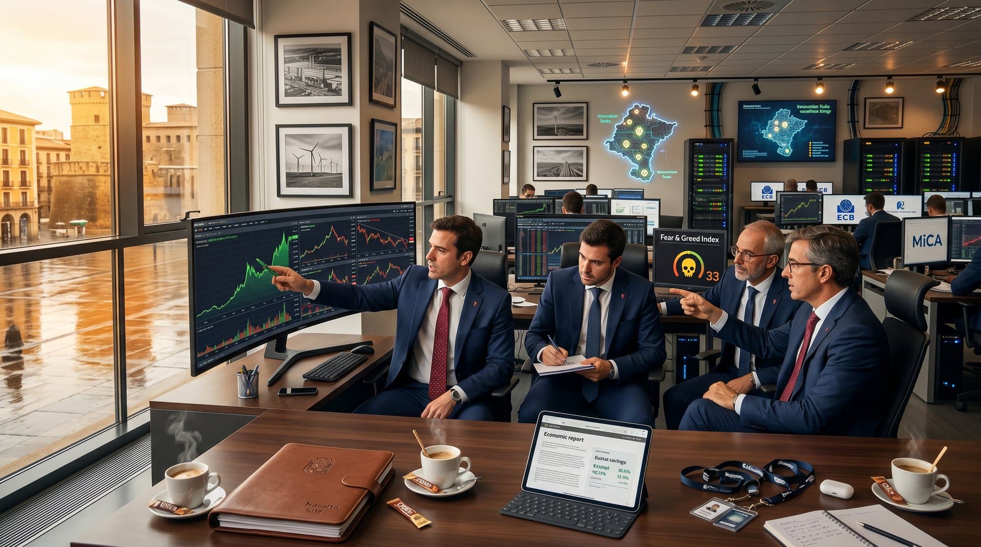 Analistas en sala de trading Kutxabank Pamplona revisan criptomonedas seguras Navarra con Fear & Greed 33