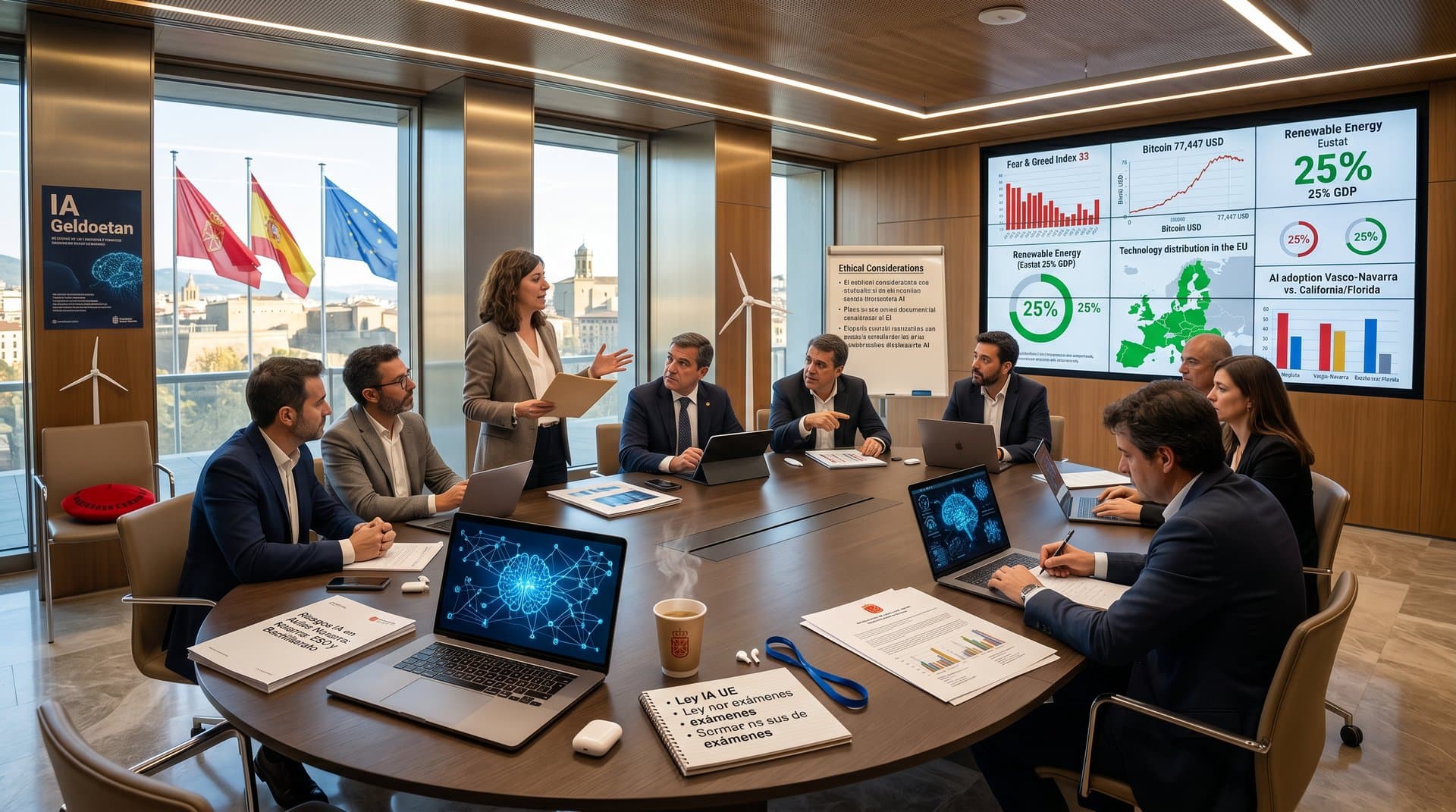Delegados debaten IA en aulas en sala del Parlamento de Navarra con informes, laptops y gráficos tech