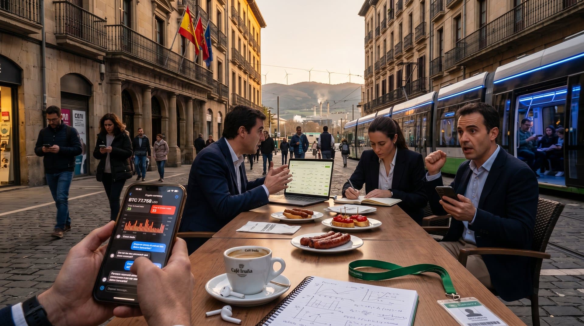 Móvil con alertas cripto y chatbots AI en Pamplona, fondo Banco de Navarra y logos industriales forales