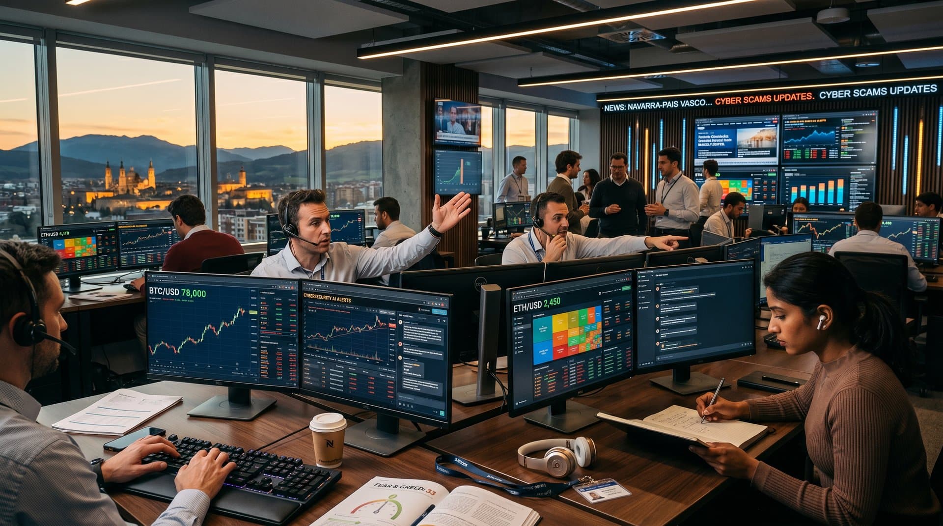 Sala trading Pamplona con gráficos BTC 78K USD, alertas IA y Fear Index 33