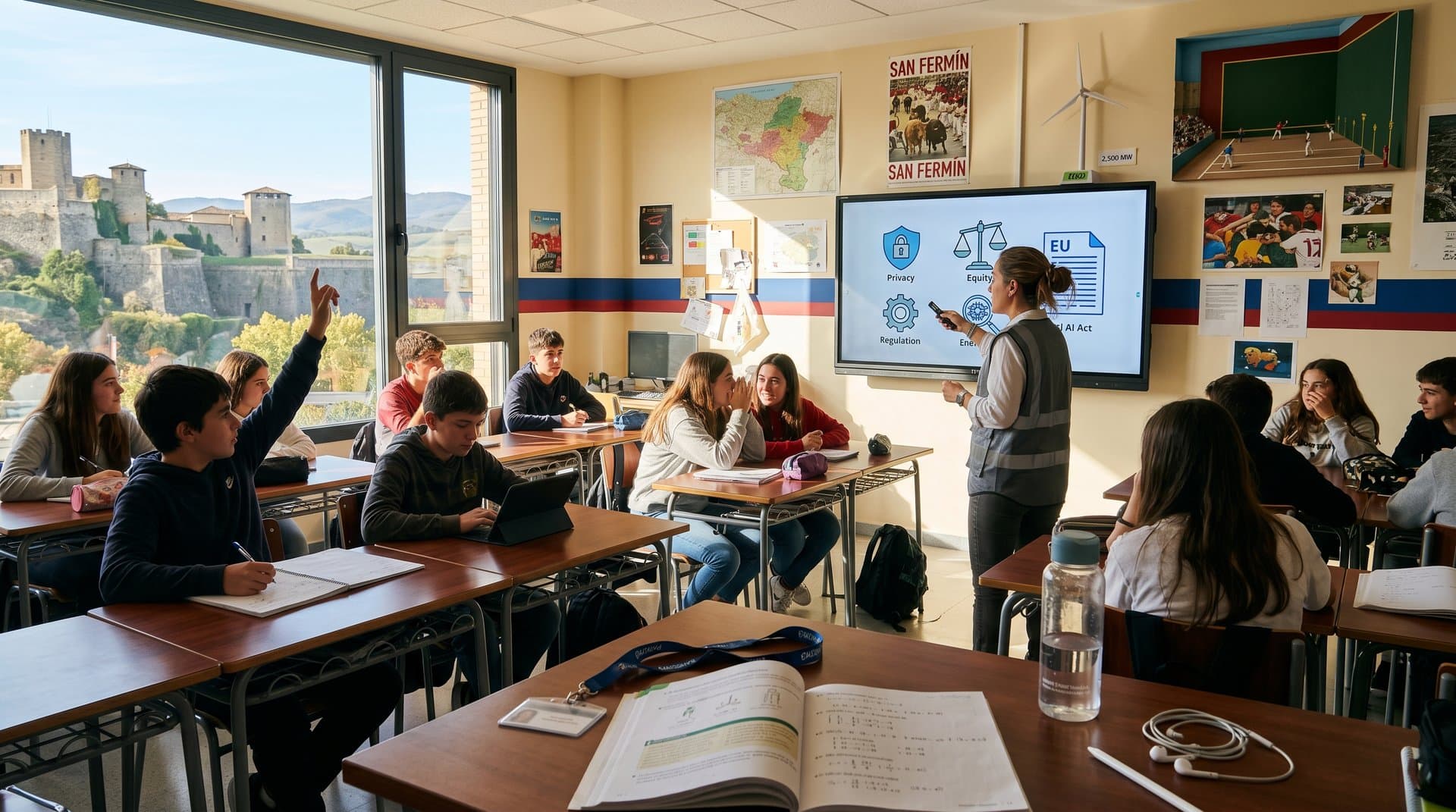 Aula Pamplona con pizarra IA ética y vista Ciudadela, elementos educativos forales