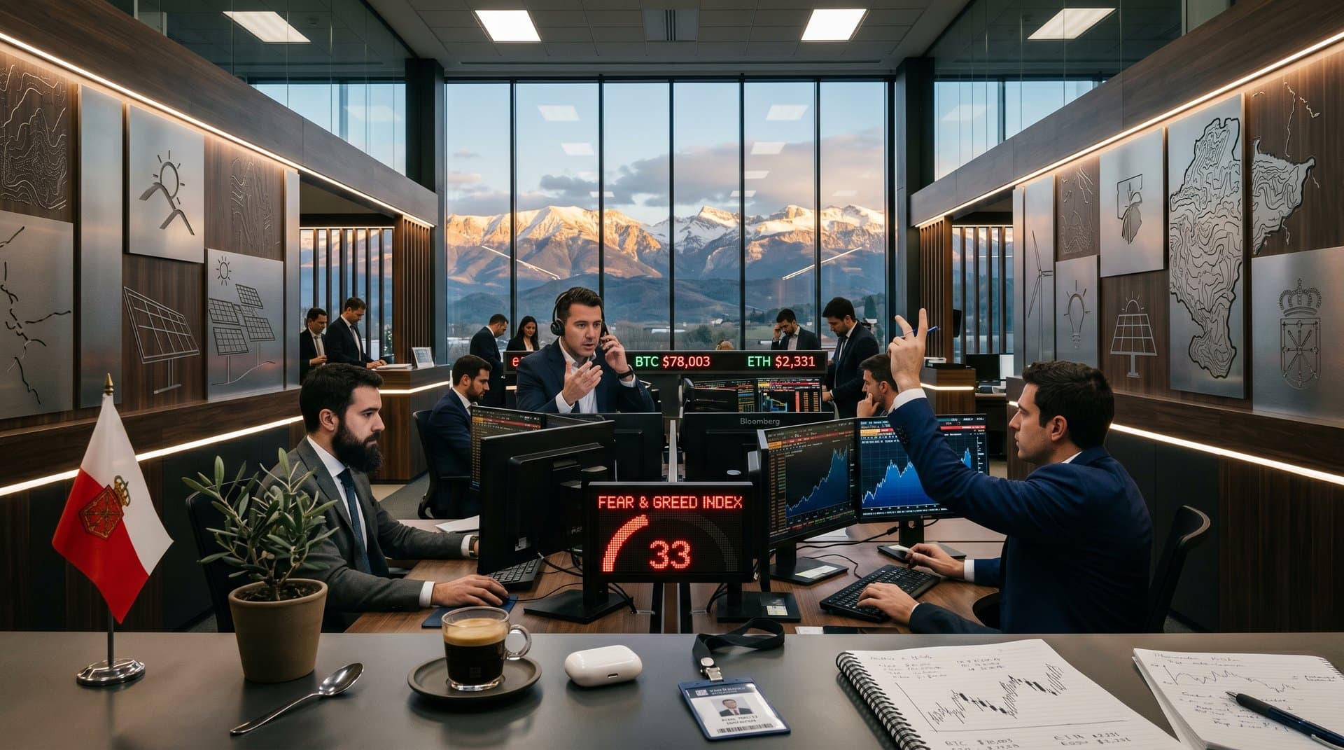 Terminales Bloomberg con gráficos BTC y ETH en centro financiero navarro, Fear & Greed 33 y elementos renovables regionales