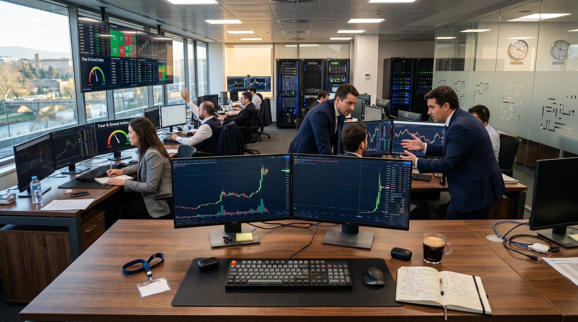 Trader navarro revisa terminal Bloomberg con gráficos BTC en sala trading Pamplona, pantallas múltiples Fear & Greed 33 y analistas