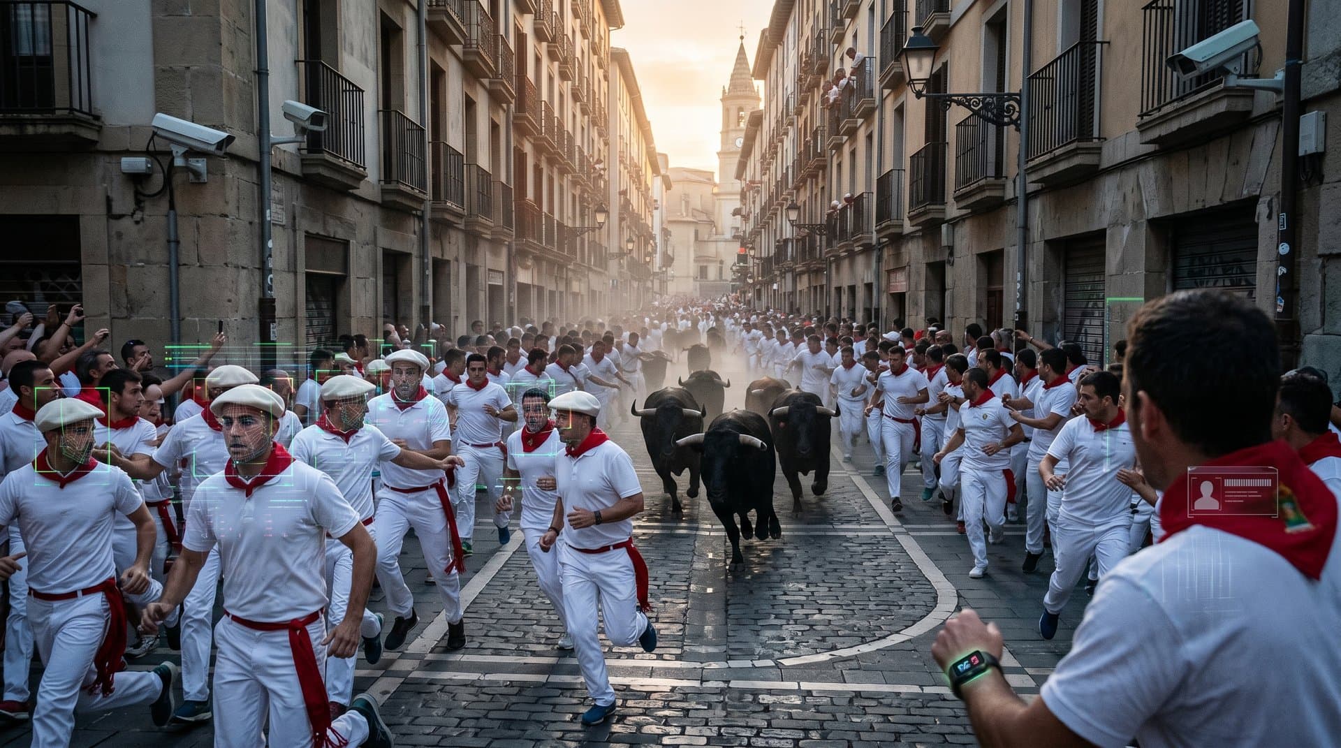 IA reconocimiento facial superpuesta en multitudes de encierro San Fermín Pamplona, anonimato en riesgo