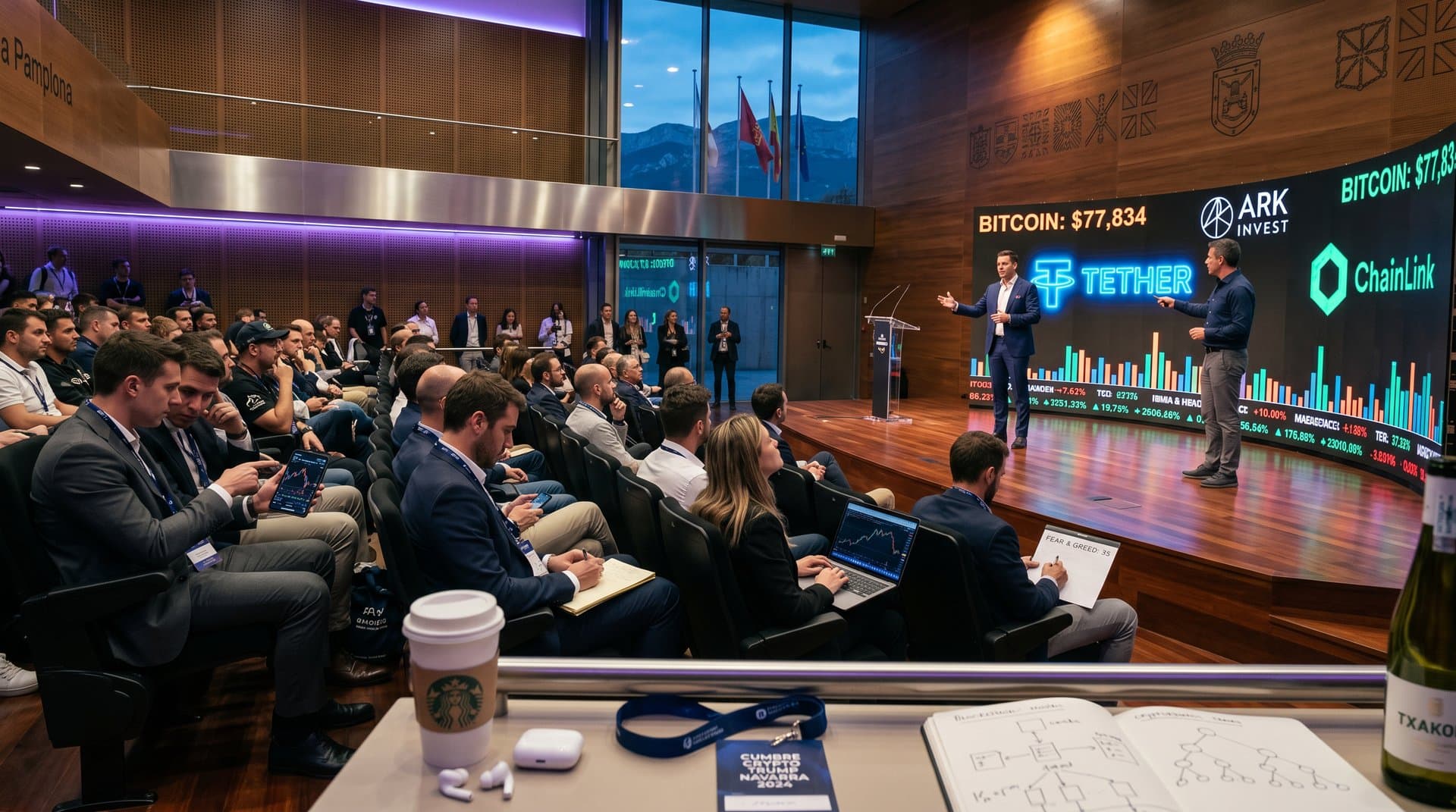 Escenario cumbre crypto Trump Navarra en Pamplona con gráficos BTC 77.834 USD y ponentes clave