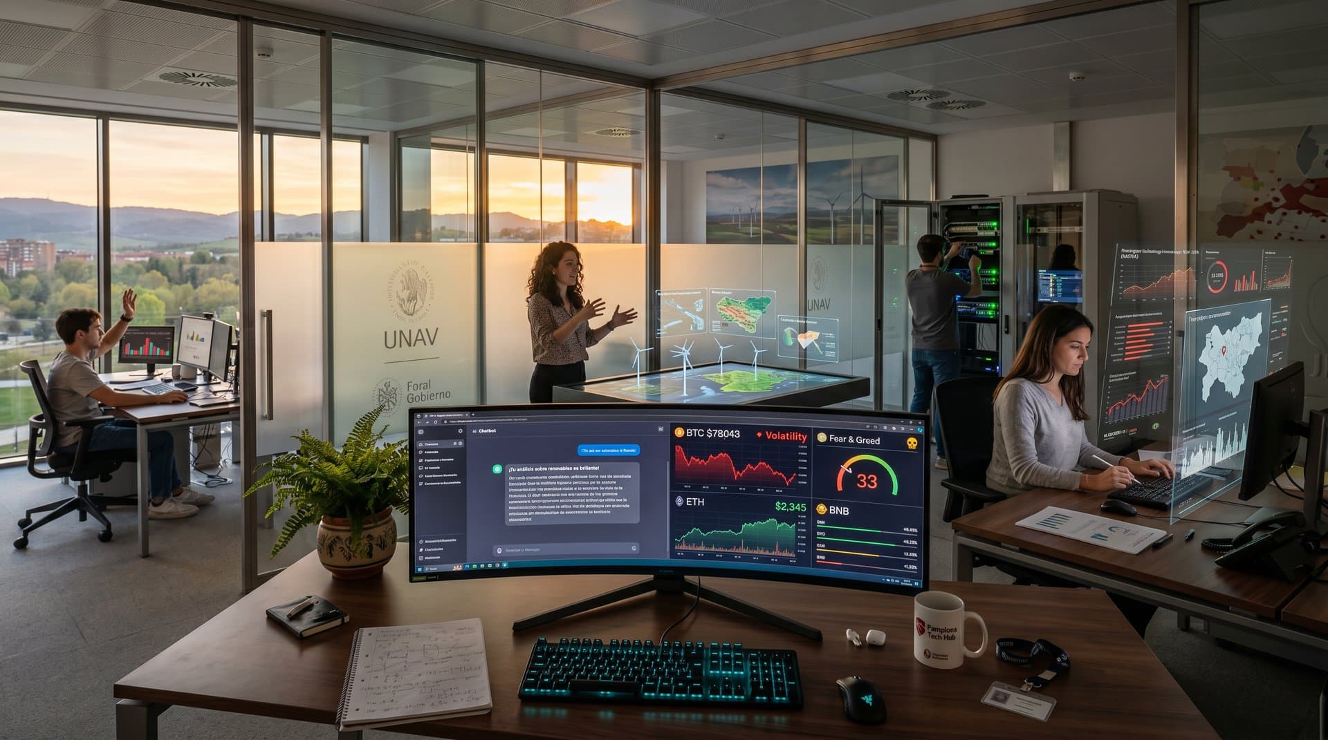 Laboratorio IA Universidad de Navarra con pantallas mostrando chatbots halagadores y datos crypto bajo luces modernas