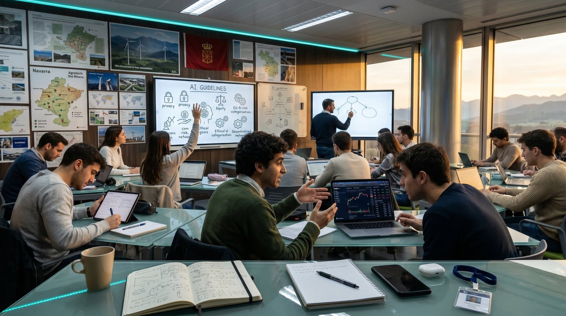 Aula navarra con guías IA DPI Wisconsin, dashboards crypto y mapa foral renovables