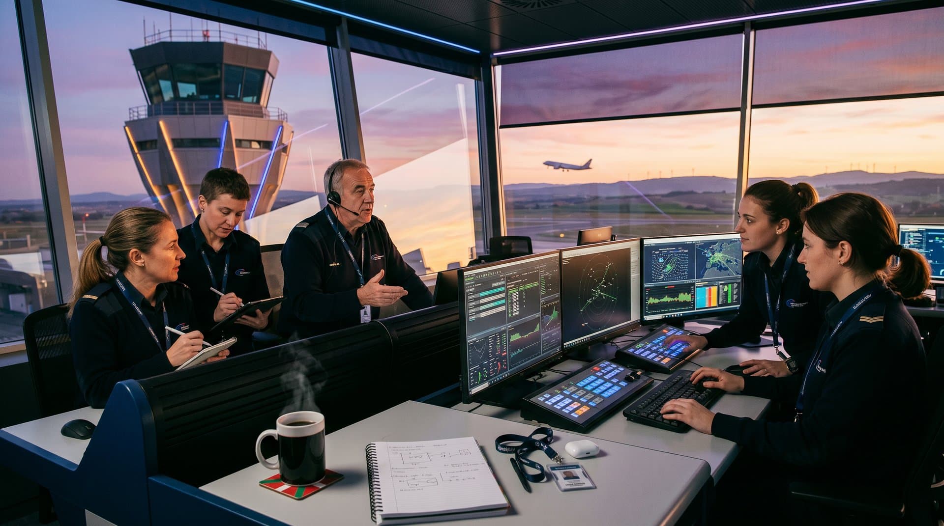 Torre de control en Aeropuerto Pamplona-Noáin con pantallas IA y rutas hacia País Vasco