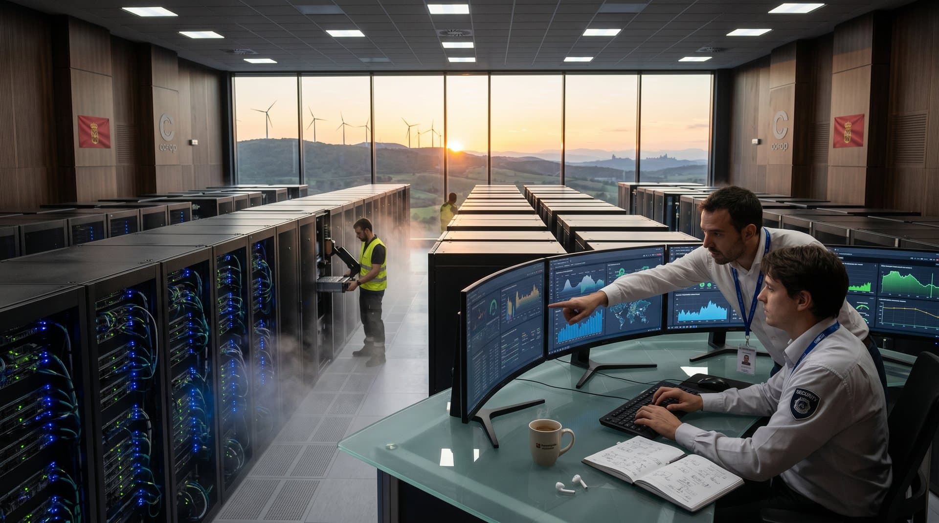 Datacenter en Navarra con vistas a turbinas eólicas y monitores IA