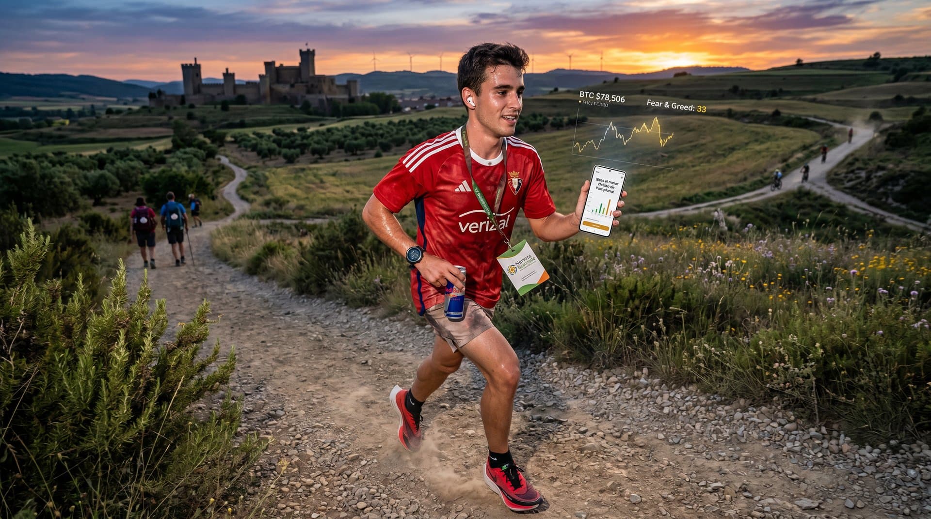 Joven navarro usa app IA fitness en ruta deportiva con gráficos crypto en Pamplona