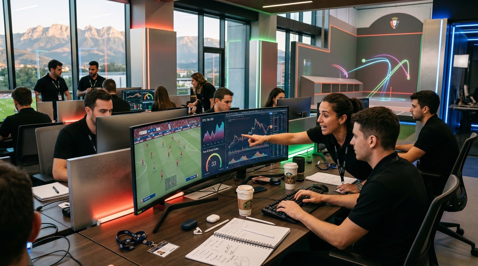 Simulaciones IA tácticas Osasuna y gráficos crypto en hub tech Pamplona con frontones pelota vasca abstractos