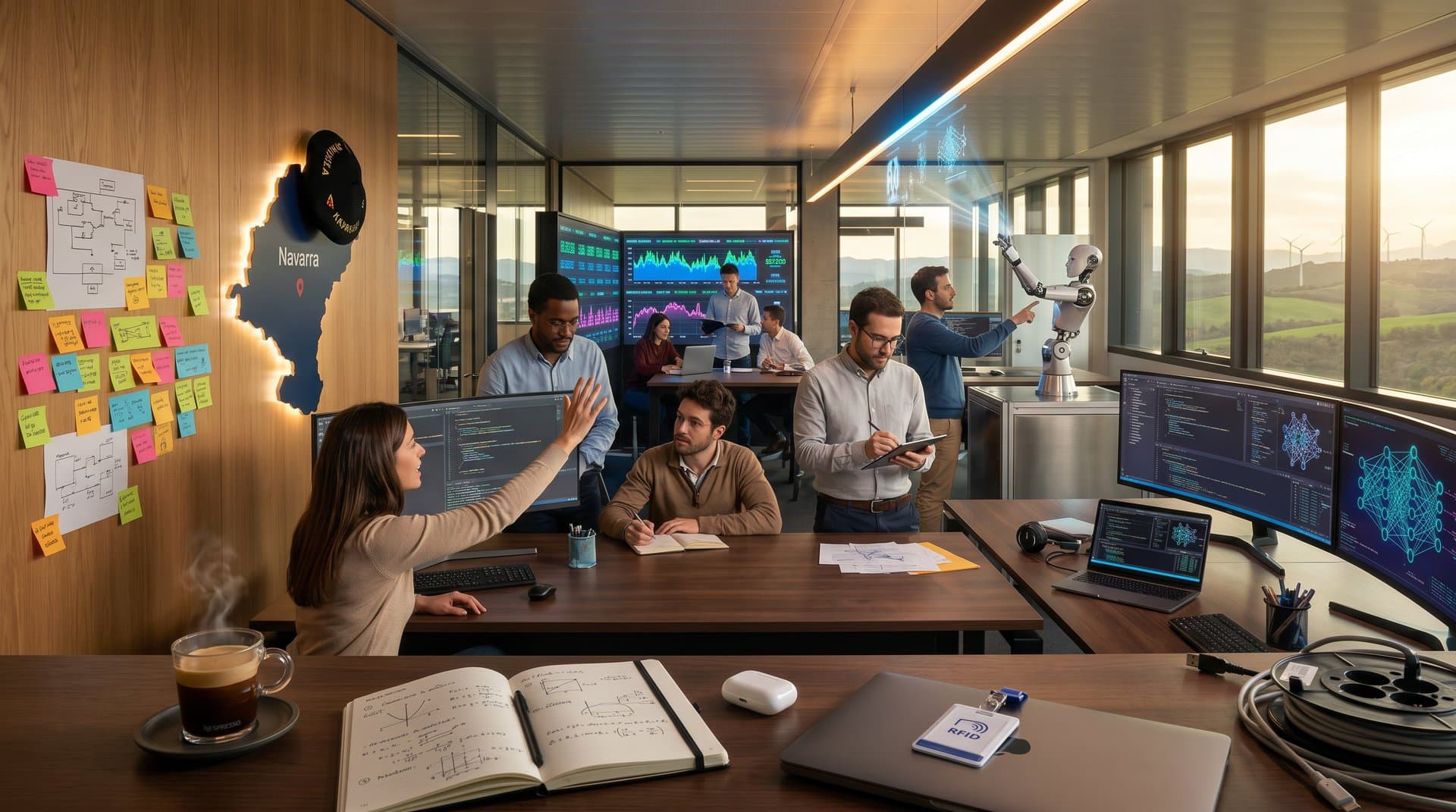 Laboratorio high-tech navarro con visualizaciones IA, monitores blockchain y elementos regionales en atmósfera colaborativa