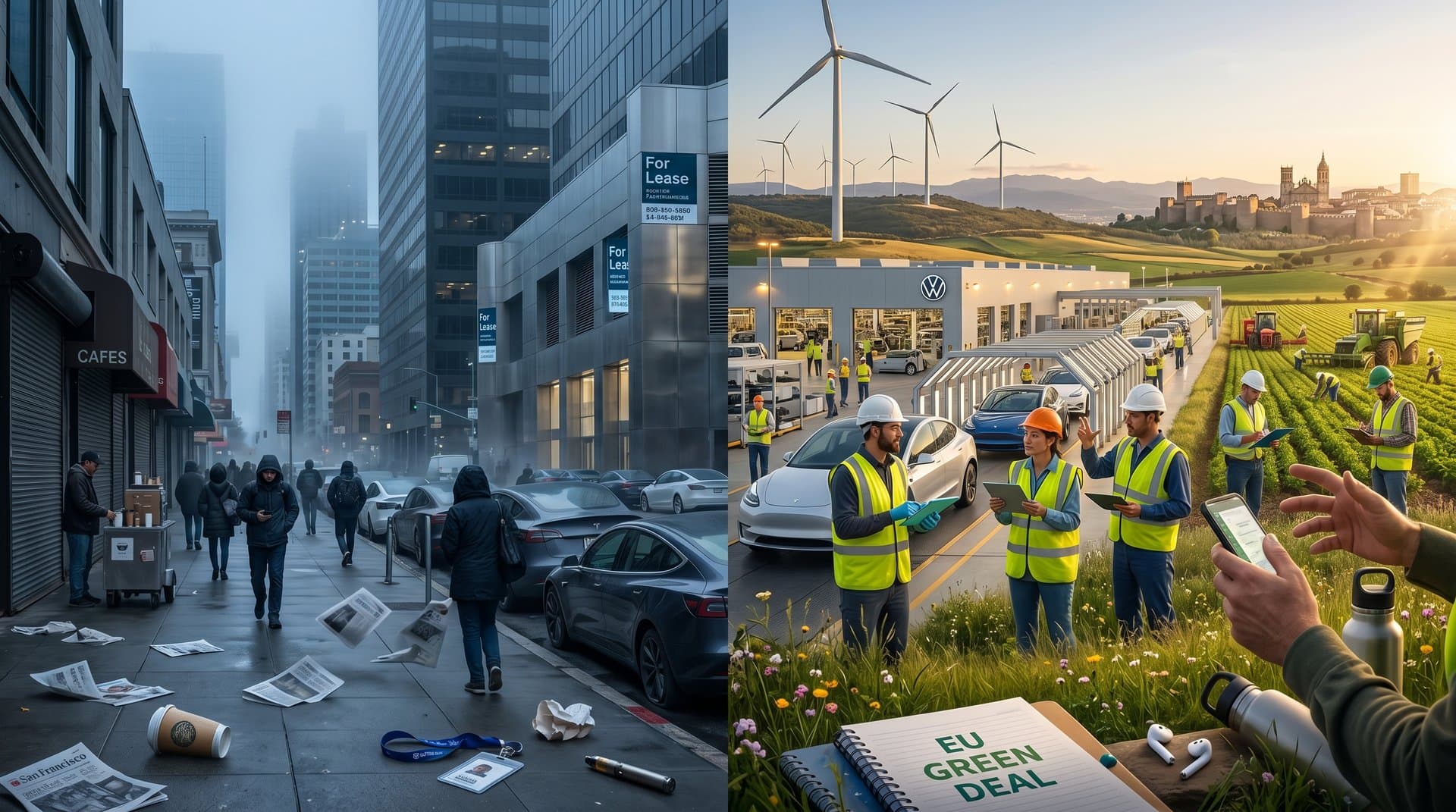 Contraste San Francisco AI boom oficinas vacías vs Navarra eólica industrial soleada