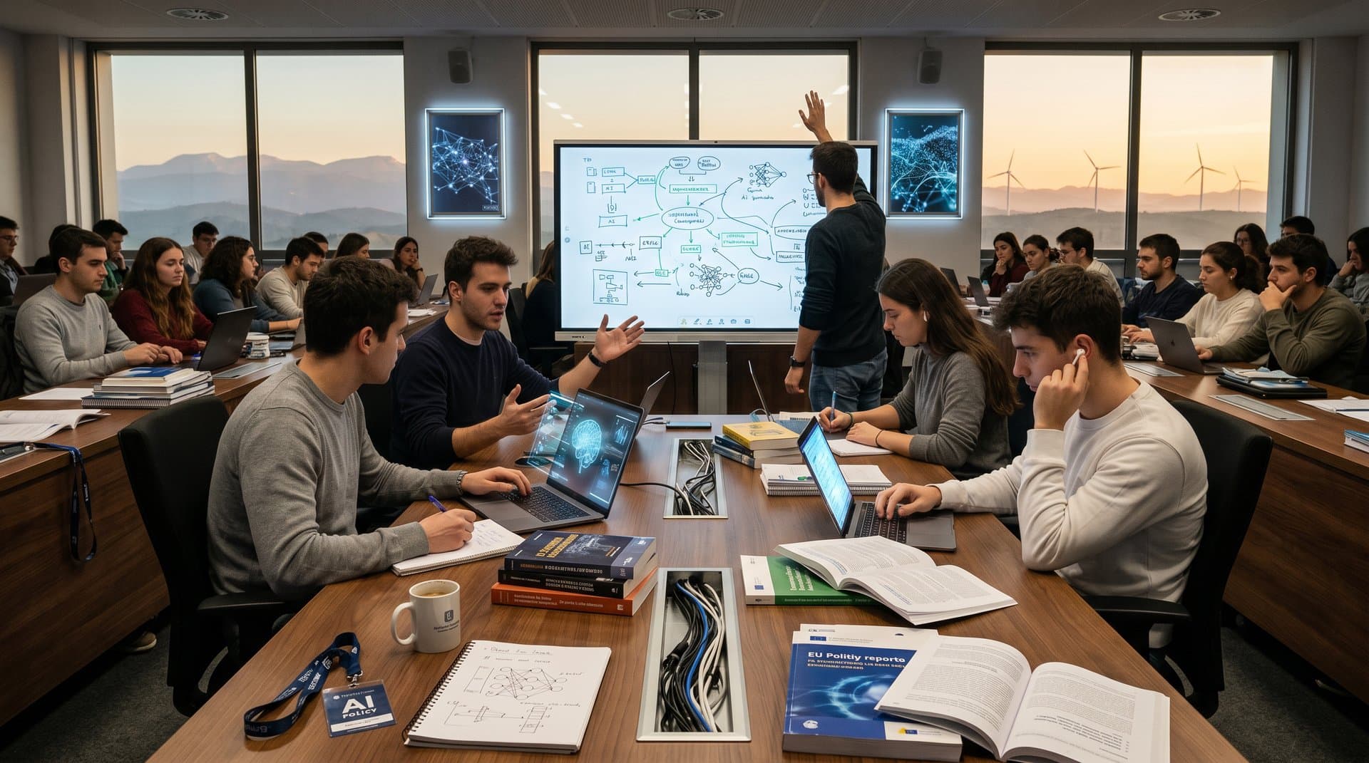 Aula en Pamplona con estudiantes trabajando en IA, vistas a turbinas eólicas y diagramas neuronales en pizarras digitales