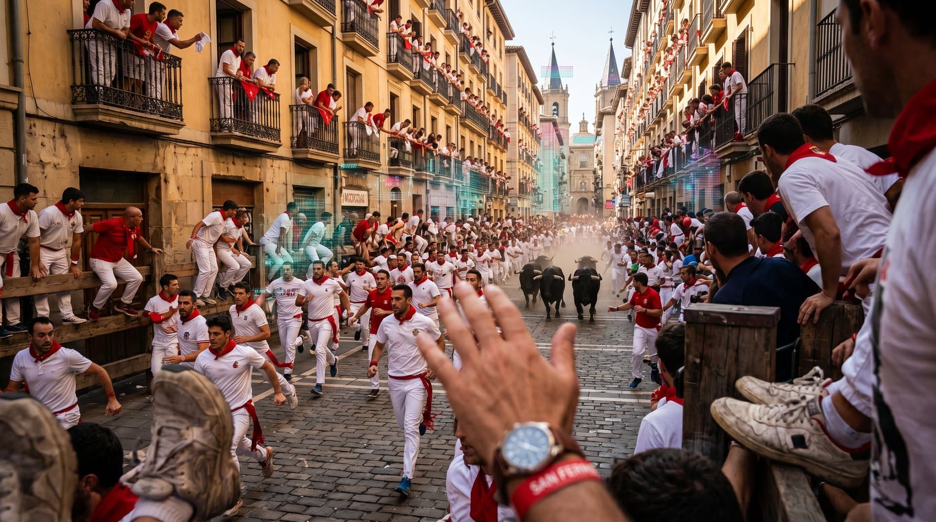 Encierro San Fermín Pamplona con overlays IA reconocimiento facial en multitud festiva