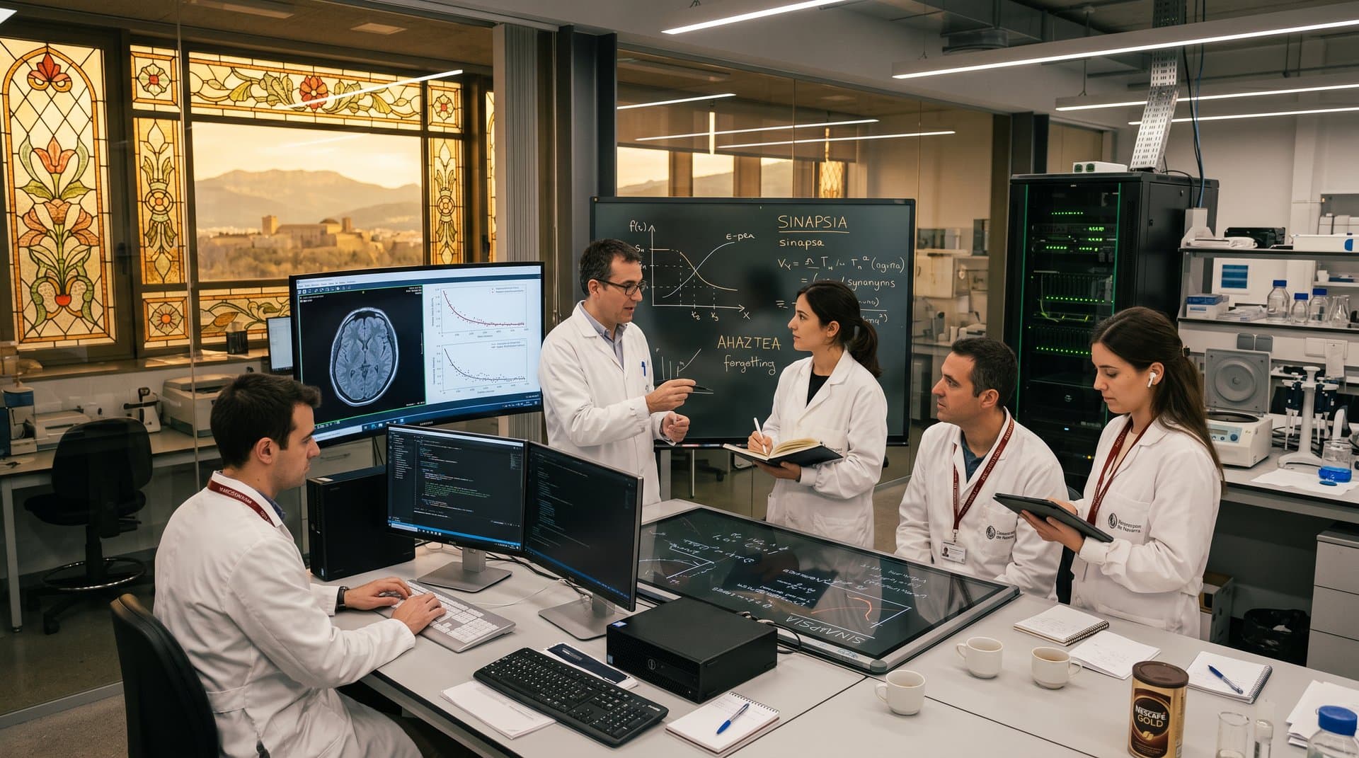 Laboratorio de IA en Universidad de Navarra con gráficos de memoria AI decaimiento biológico y vistas pamplonesas