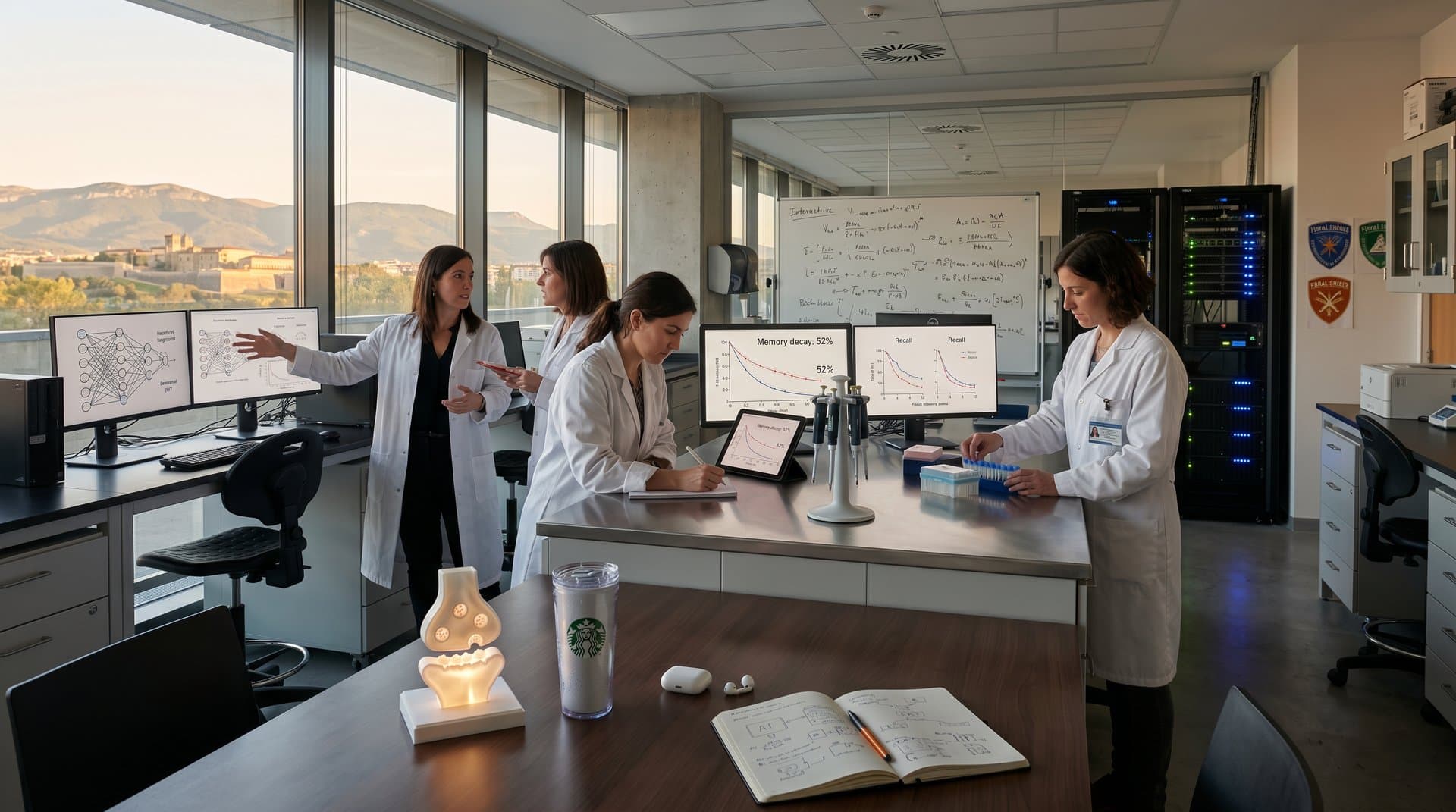 Laboratorio biotech en Pamplona con científicos trabajando en memoria AI con decaimiento biológico, gráficos de recall 52% y vistas a la Ciudadela navarra