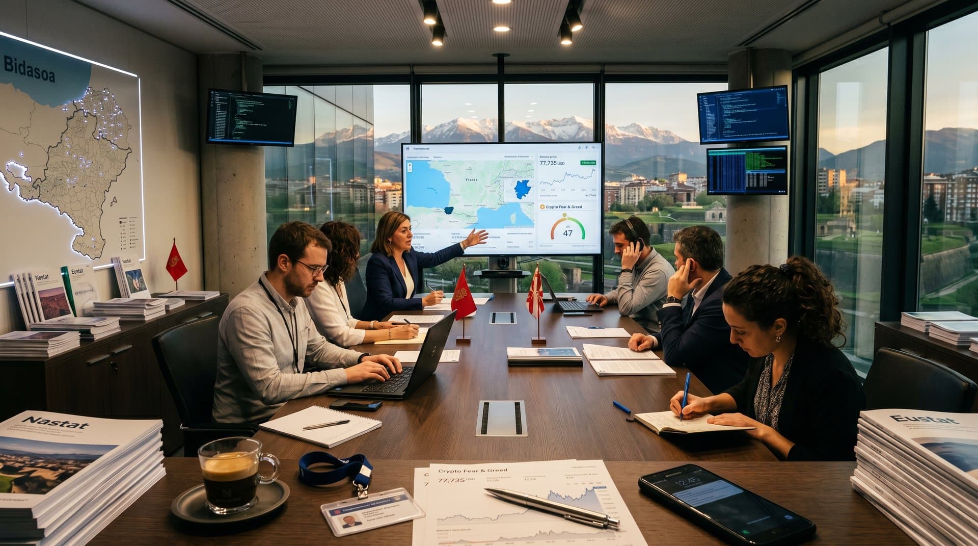 Funcionarios navarros analizan mapas Pirineos y gráficos crypto Bitcoin 77.735 USD en sala gubernamental ante spillover francés