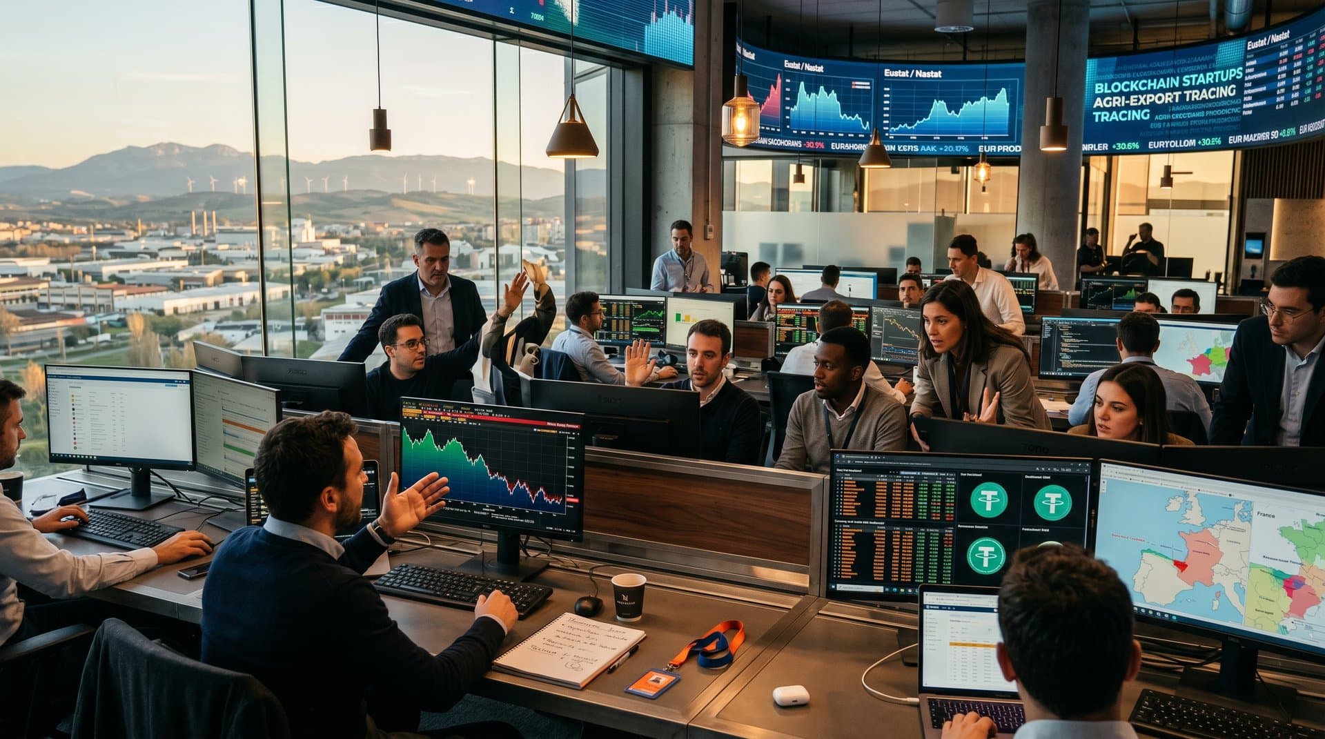 Hub fintech Pamplona con gráficos cripto MiCA, terminales Bloomberg y datos Eustat bajo luces LED