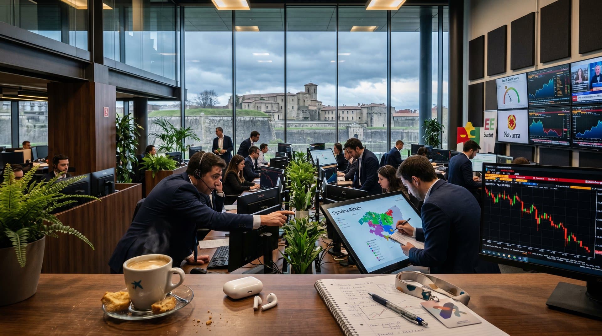 Sala trading fintech Pamplona con gráficos BTC y MiCA en monitores, ambiente profesional navarro
