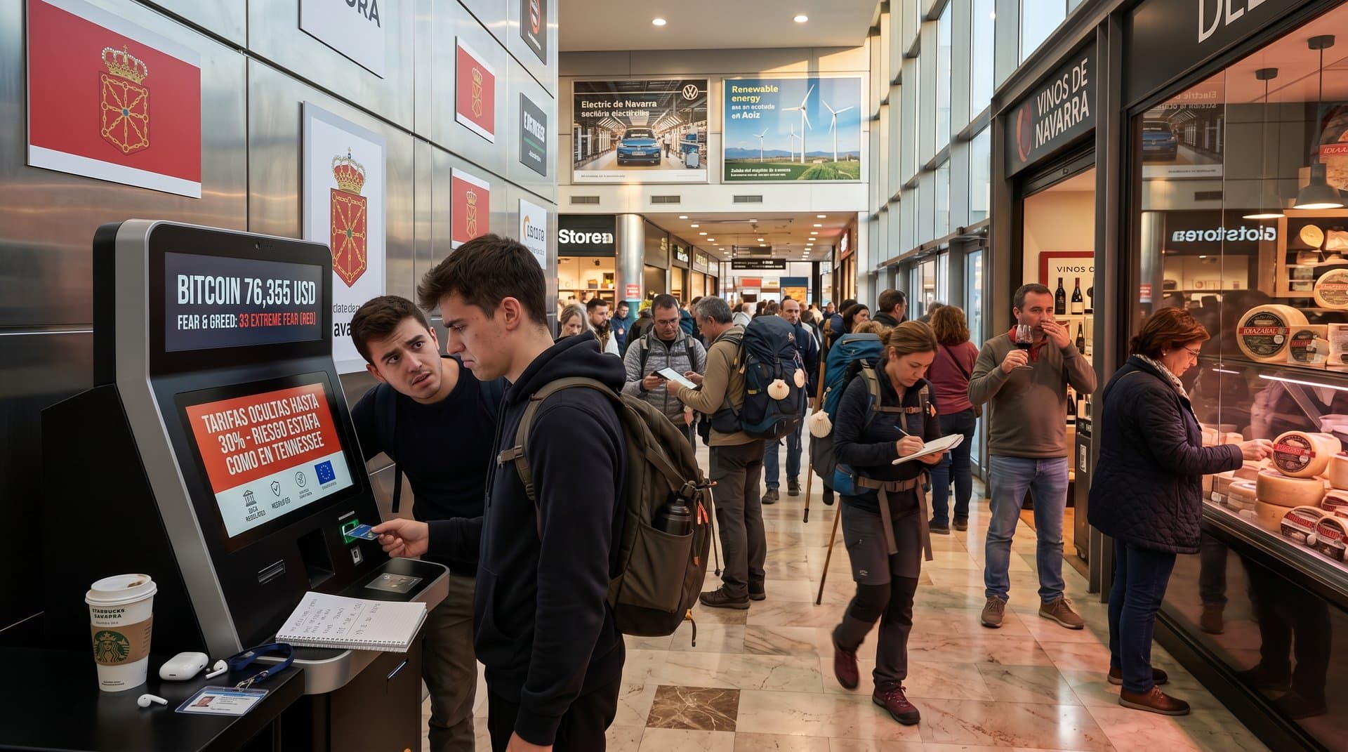 Cajero bitcoin La Morea Pamplona con prohibición Tennessee, BTC 76k USD, alerta MiCA y Camino Santiago