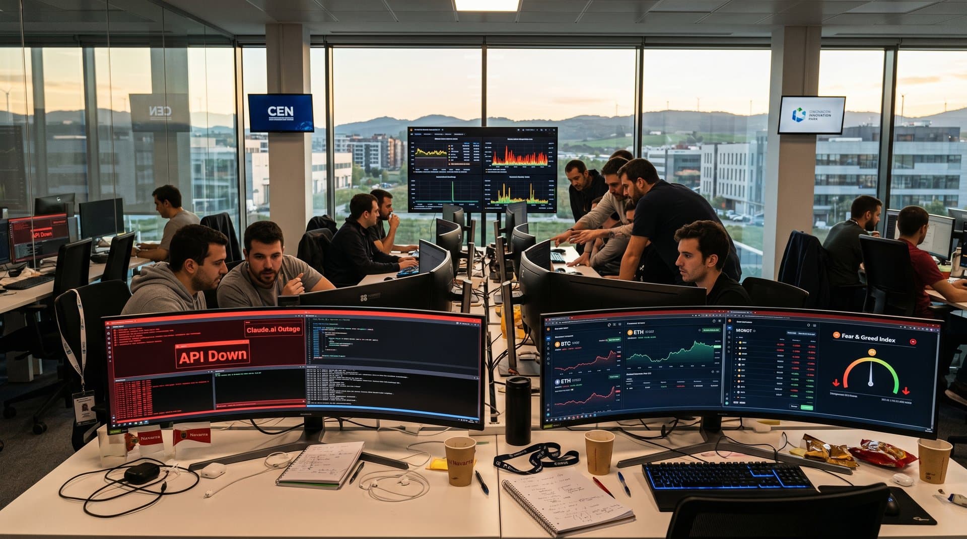 Pantallas hub tech Navarra con errores Claude.ai, gráficos Fear & Greed 33 y BTC