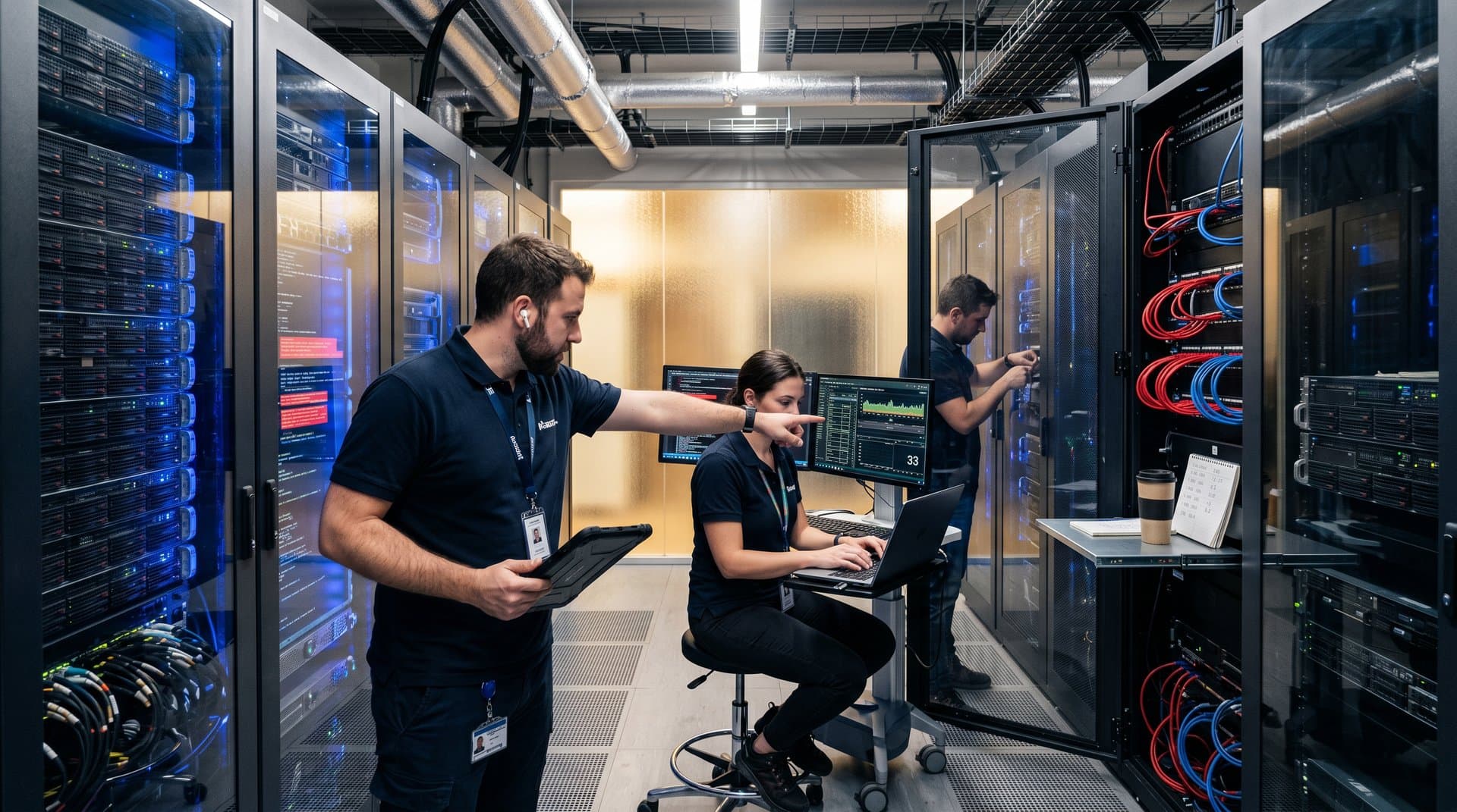 Data center navarro con racks iluminados mostrando vulnerabilidades GitHub Actions y gráficos crypto bajo luces LED