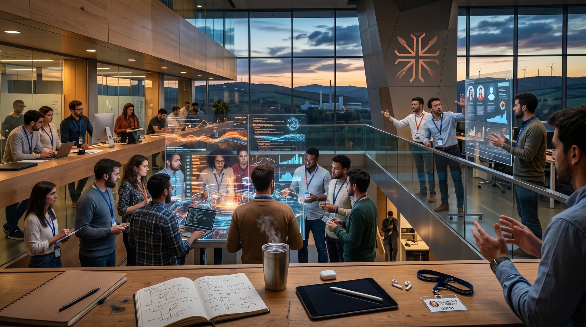 Centro tech navarro con IA agentic para 5000 contrataciones Amazon, pantallas holográficas de datos y gráficos IA en paisaje foral