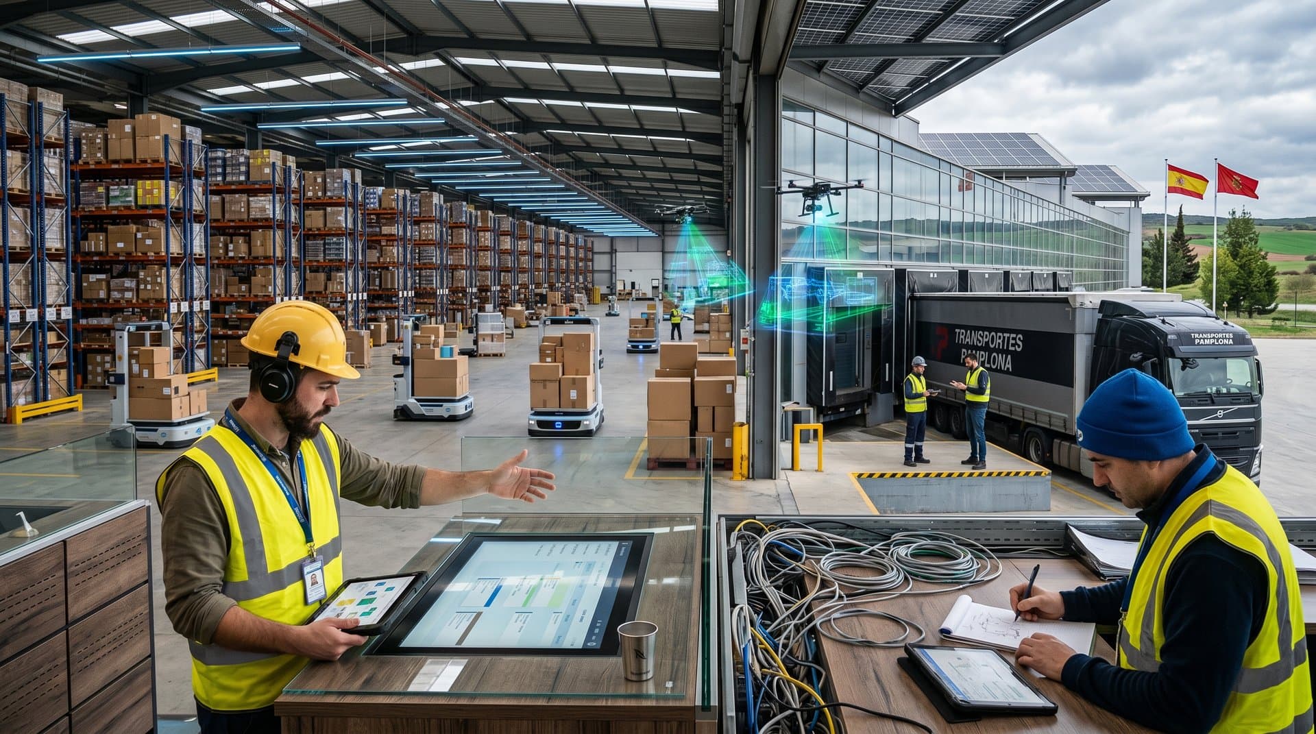 Operarios en Plataforma Logística Pamplona manejan IA agentic para reclutamiento Amazon con robots y drones logísticos