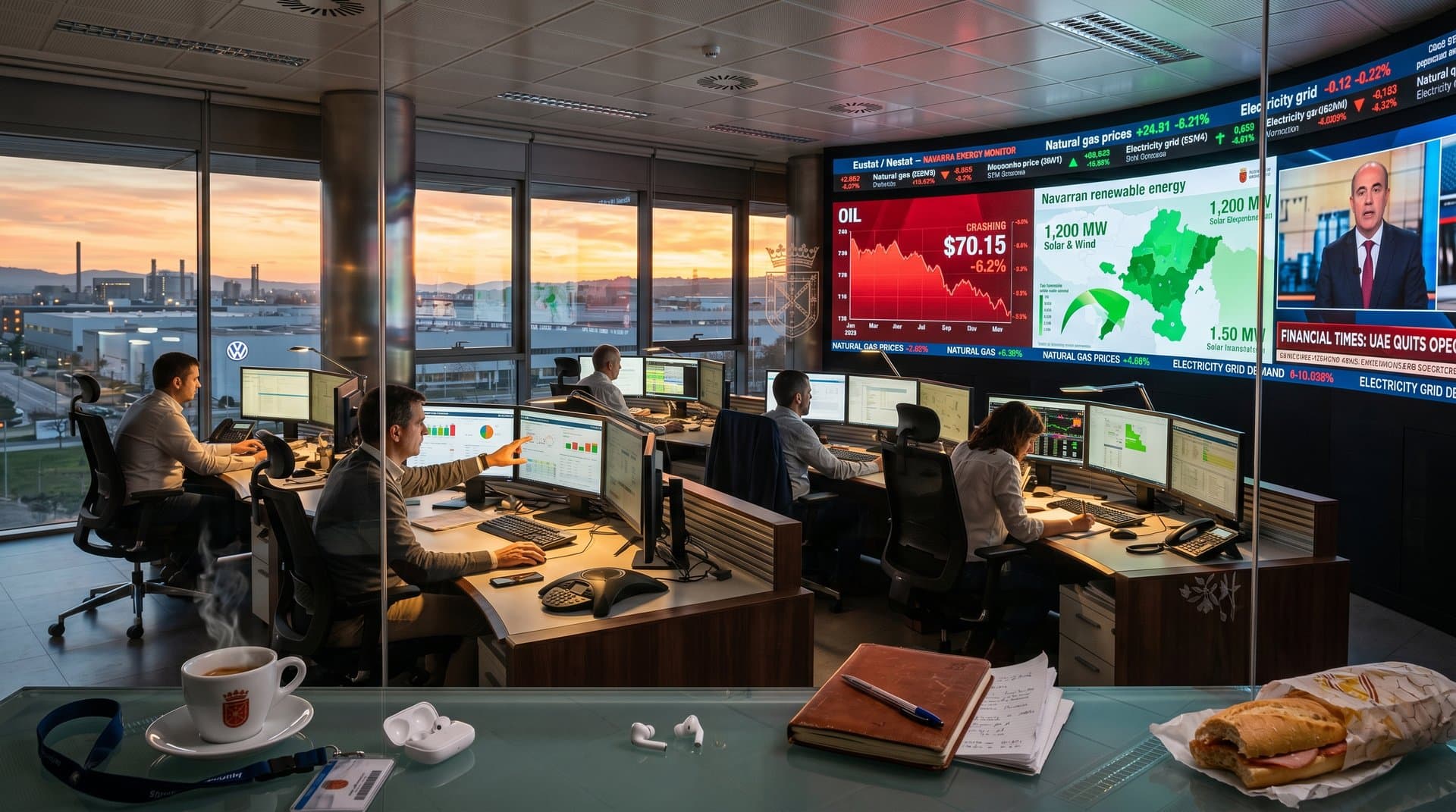 Analistas revisan impacto de EAU abandona OPEP en Navarra con gráficos de petróleo cayendo y renovables en centro industrial de Pamplona