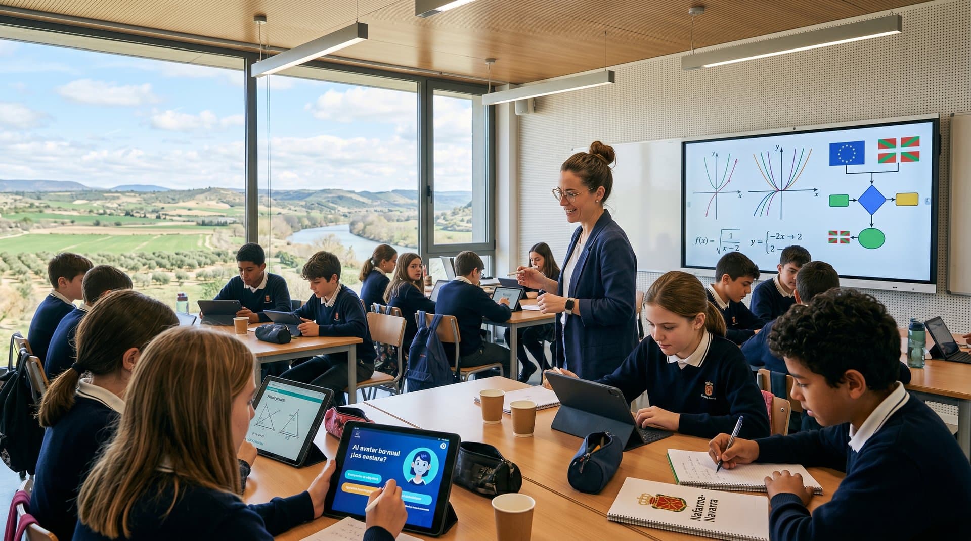 Aula navarra con estudiantes usando IA en tablets y pizarra interactiva bajo luces naturales