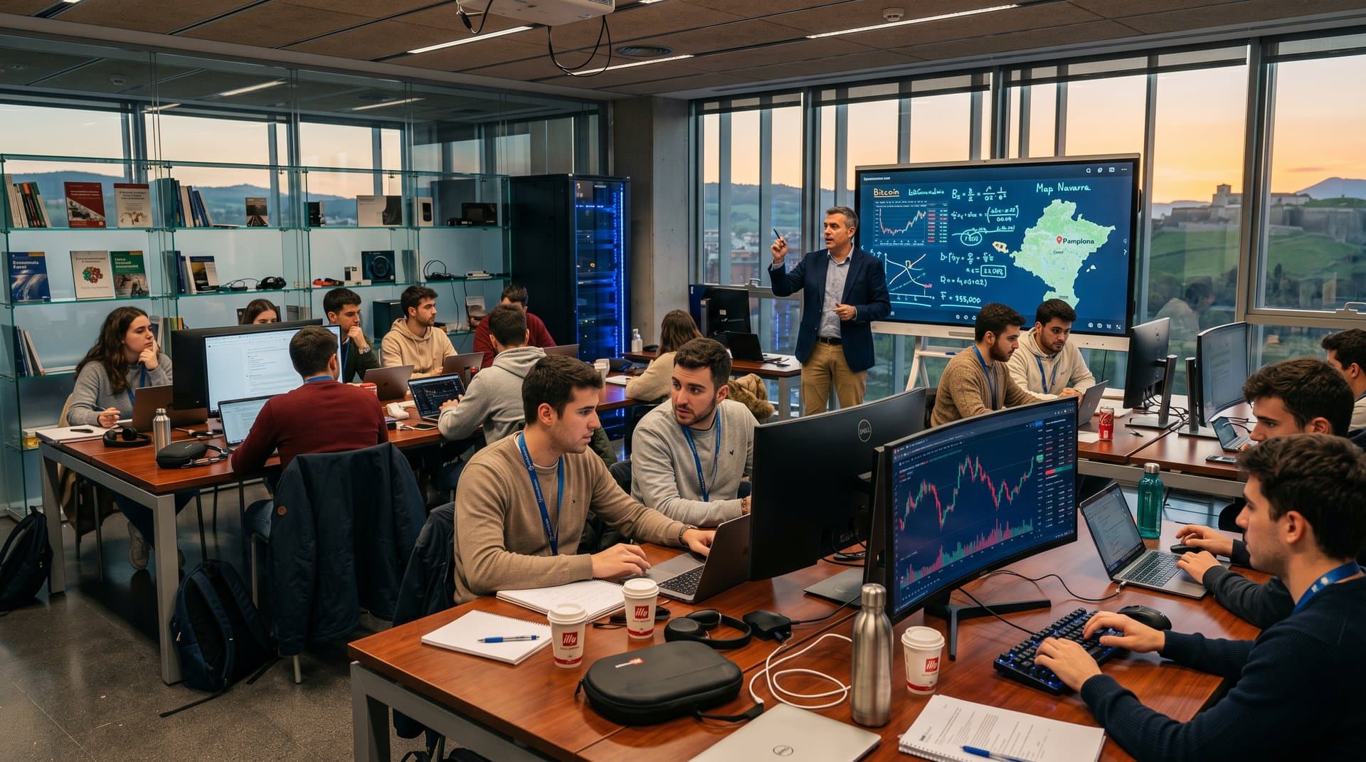 Aula moderna navarra con IA y análisis crypto en pantallas interactivas