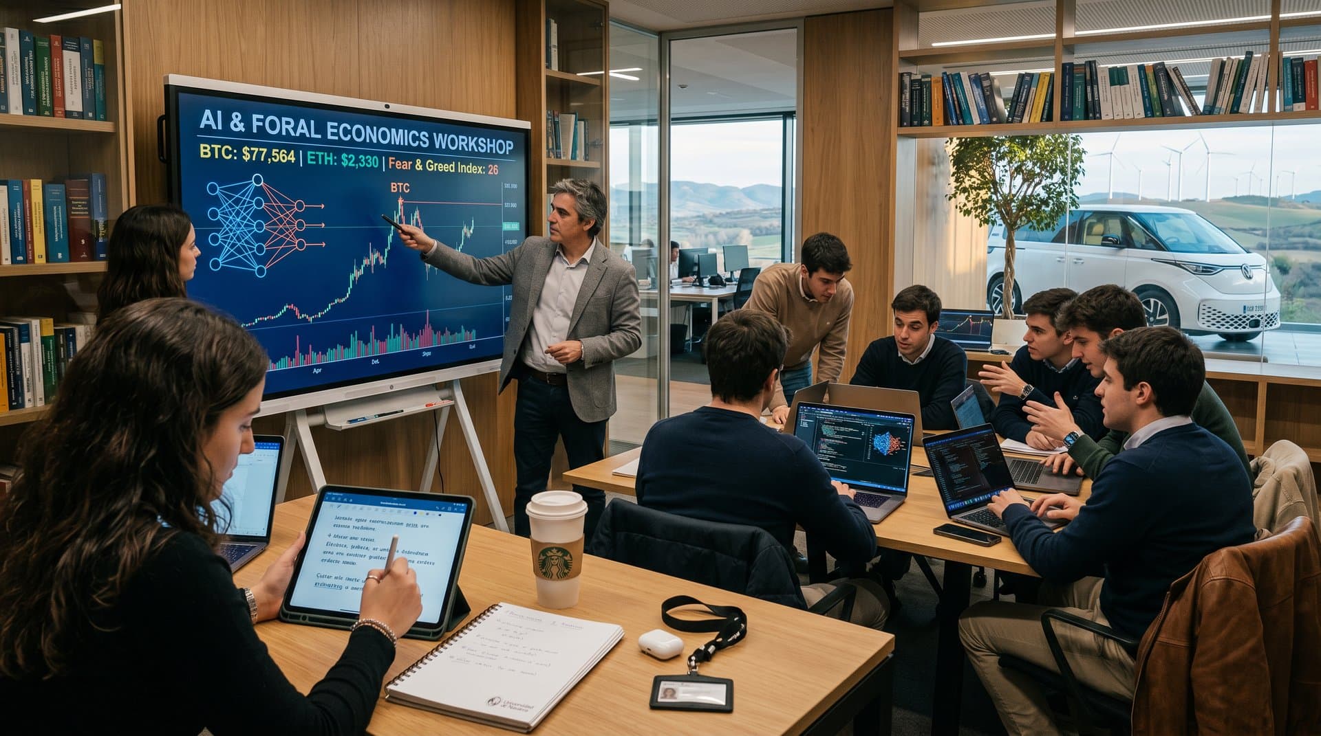 Aula UNAV con estrategias IA, cripto gráficos y vistas forales navarras