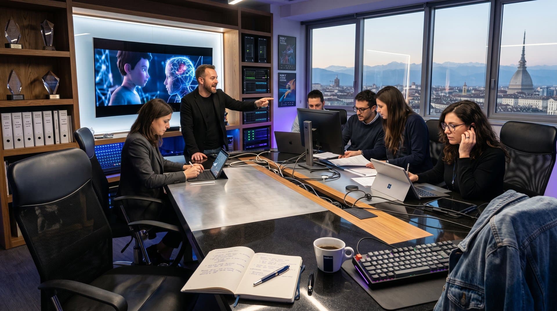 Sala high-tech de jurado Reply AI Film Festival con monitores IA y vistas alpinas