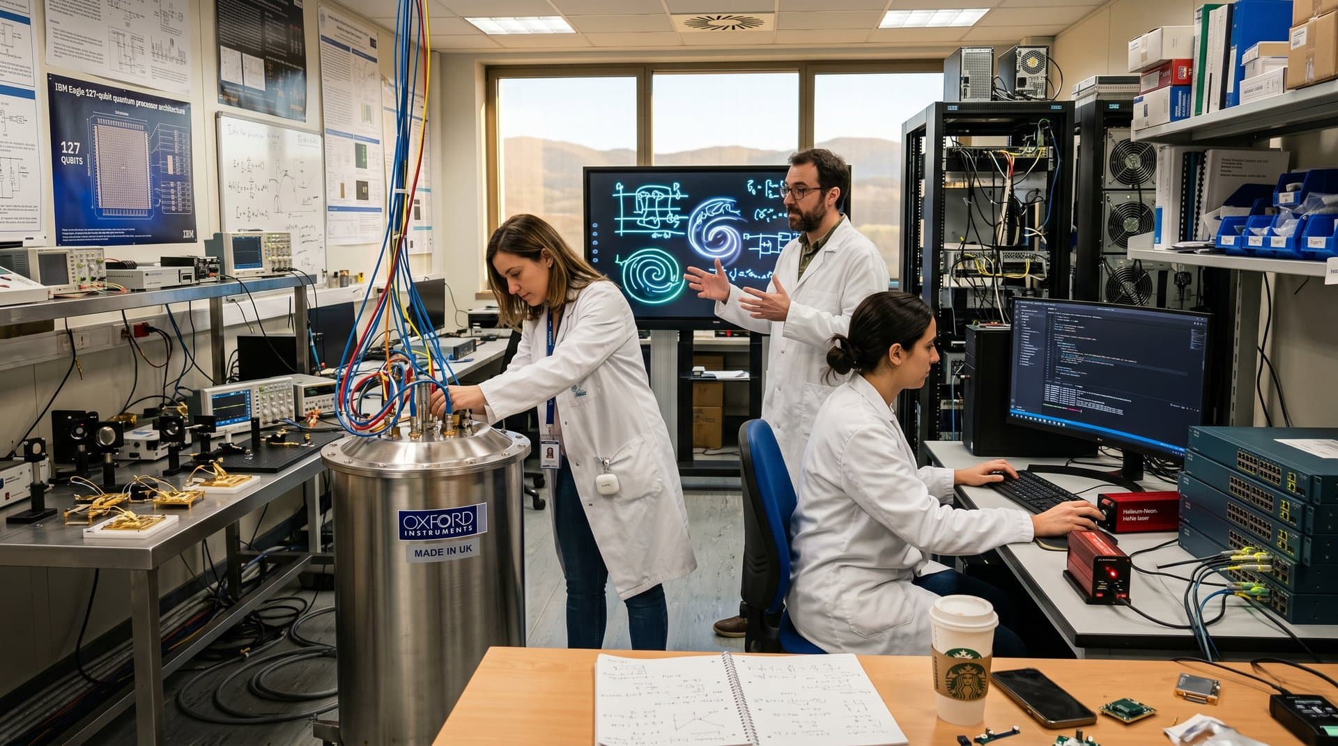 Laboratorio cuántico con criostatos, simulaciones de qubits en pantallas y equipos high-tech iluminados