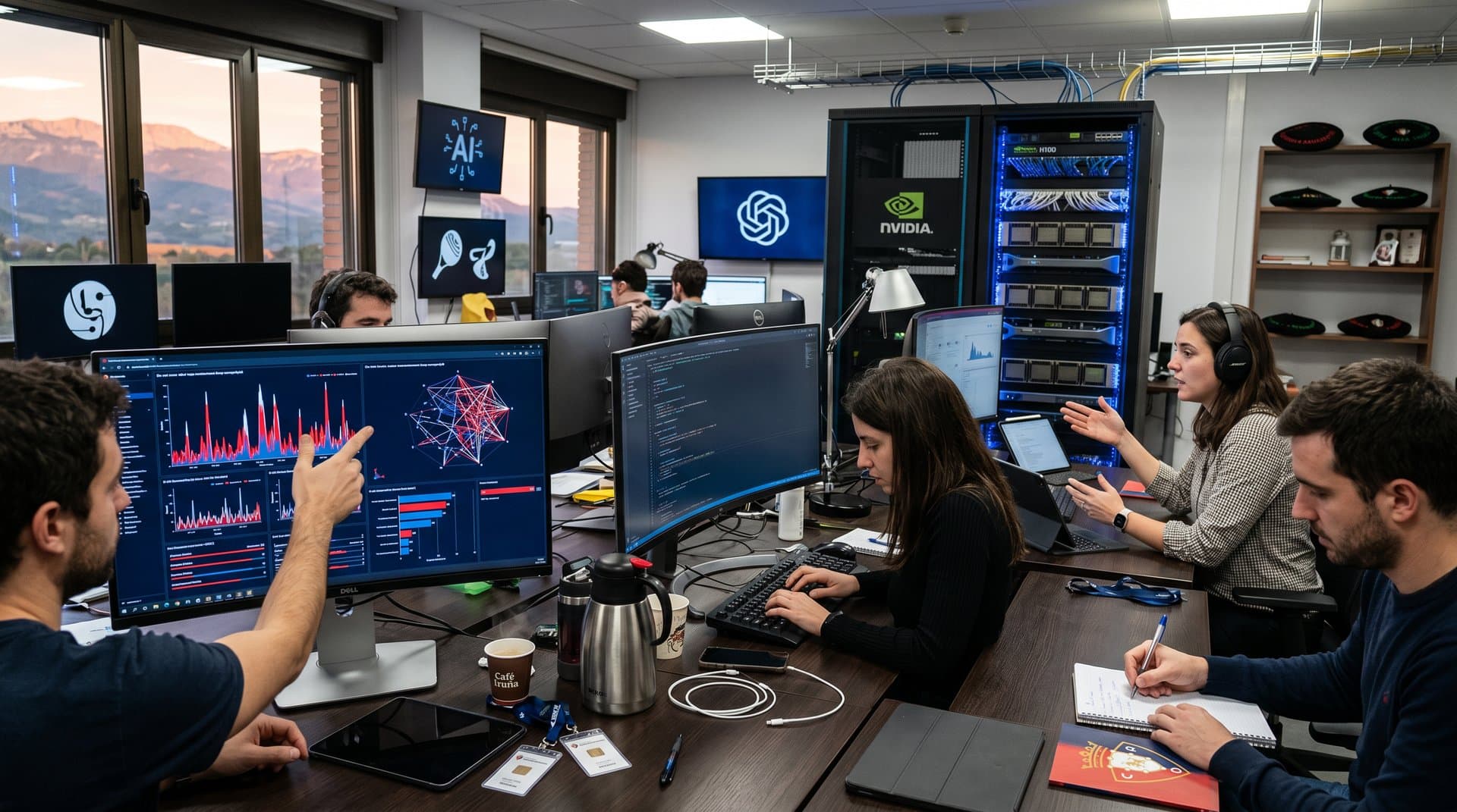 Visualizaciones IA de análisis deportivo Osasuna en hub tech navarro moderno con servidores y gráficos predictivos