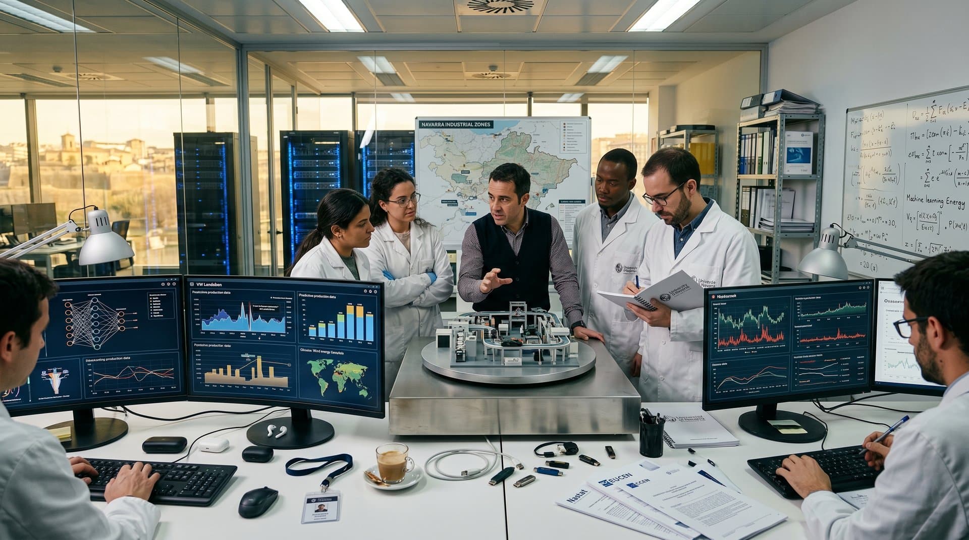 Laboratorio IA Universidad Navarra: redes neuronales, servidores LED, mapas tech industrial Pamplona, Landaben y Tajonar