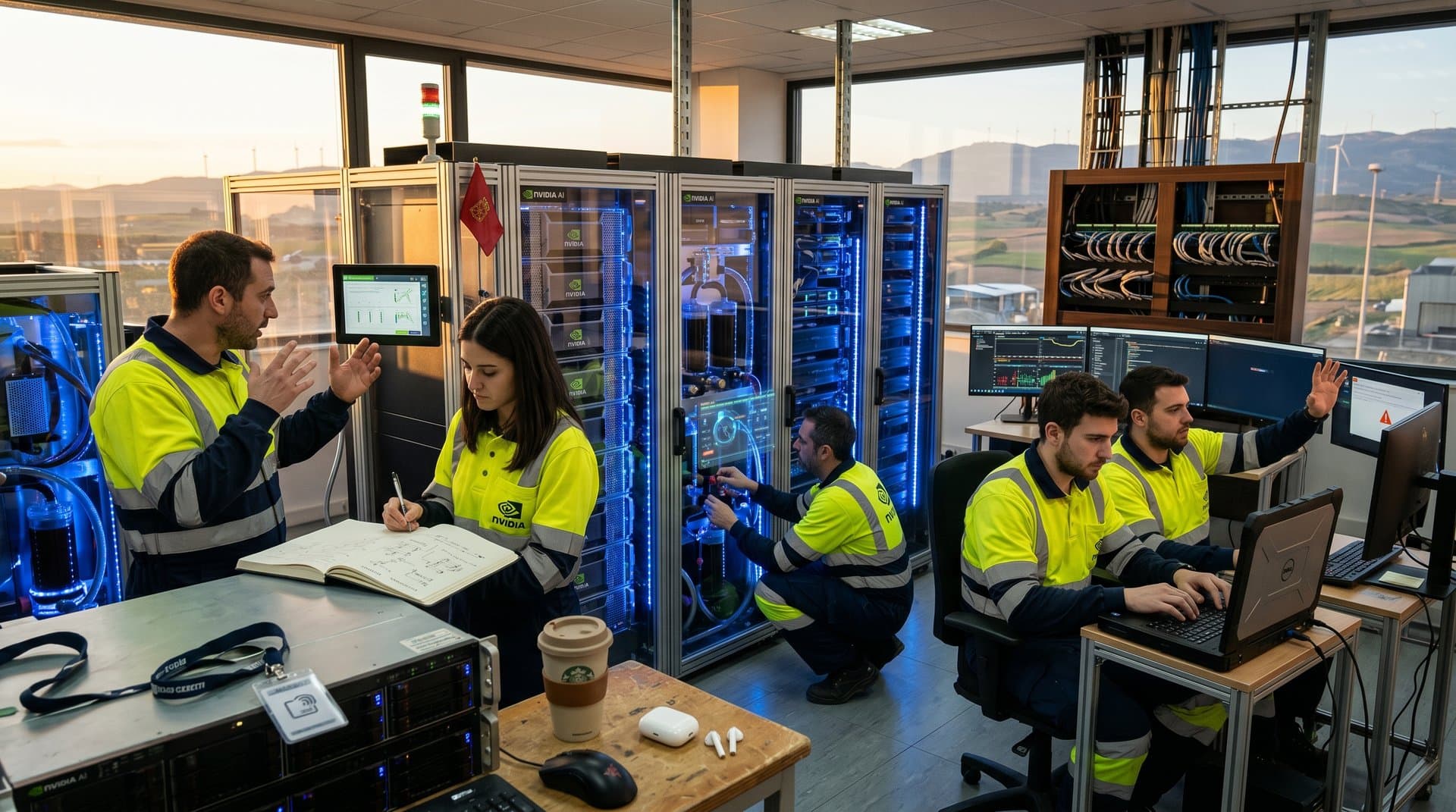 Data center high-tech en Navarra con renovables al fondo y técnicos monitoreando servidores IA