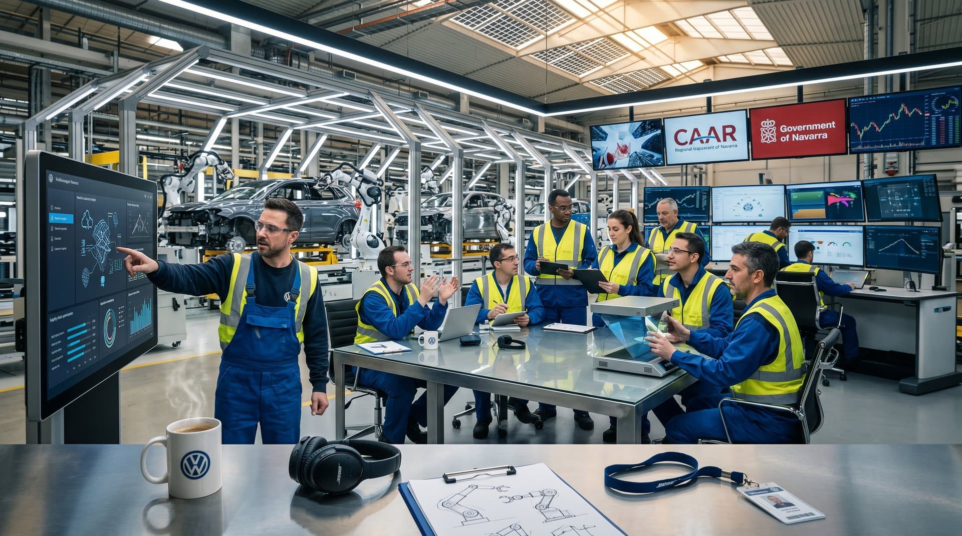 Operarios Volkswagen Navarra aprenden IA en taller con pantallas y robots industriales
