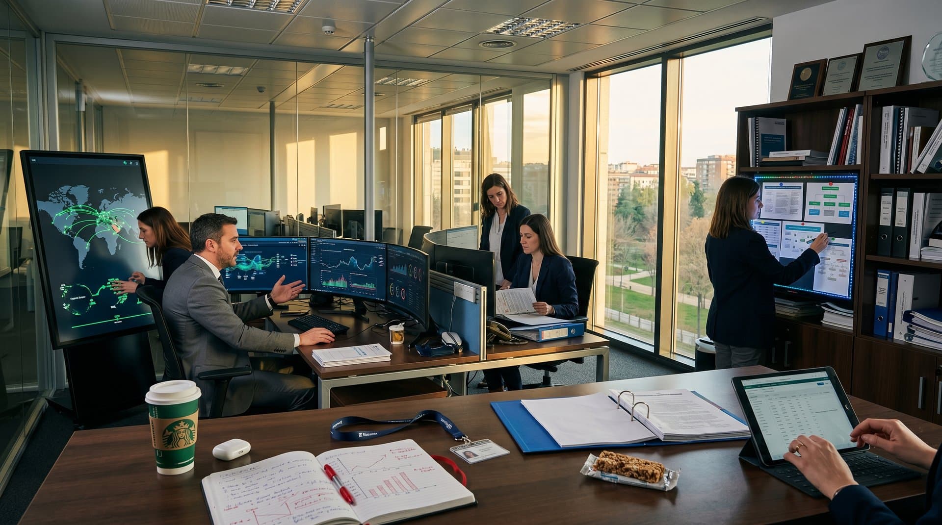 Sala regulatoria en Pamplona con monitores blockchain, logos MiCA y mapas sanciones crypto en entorno moderno de vidrio y granito
